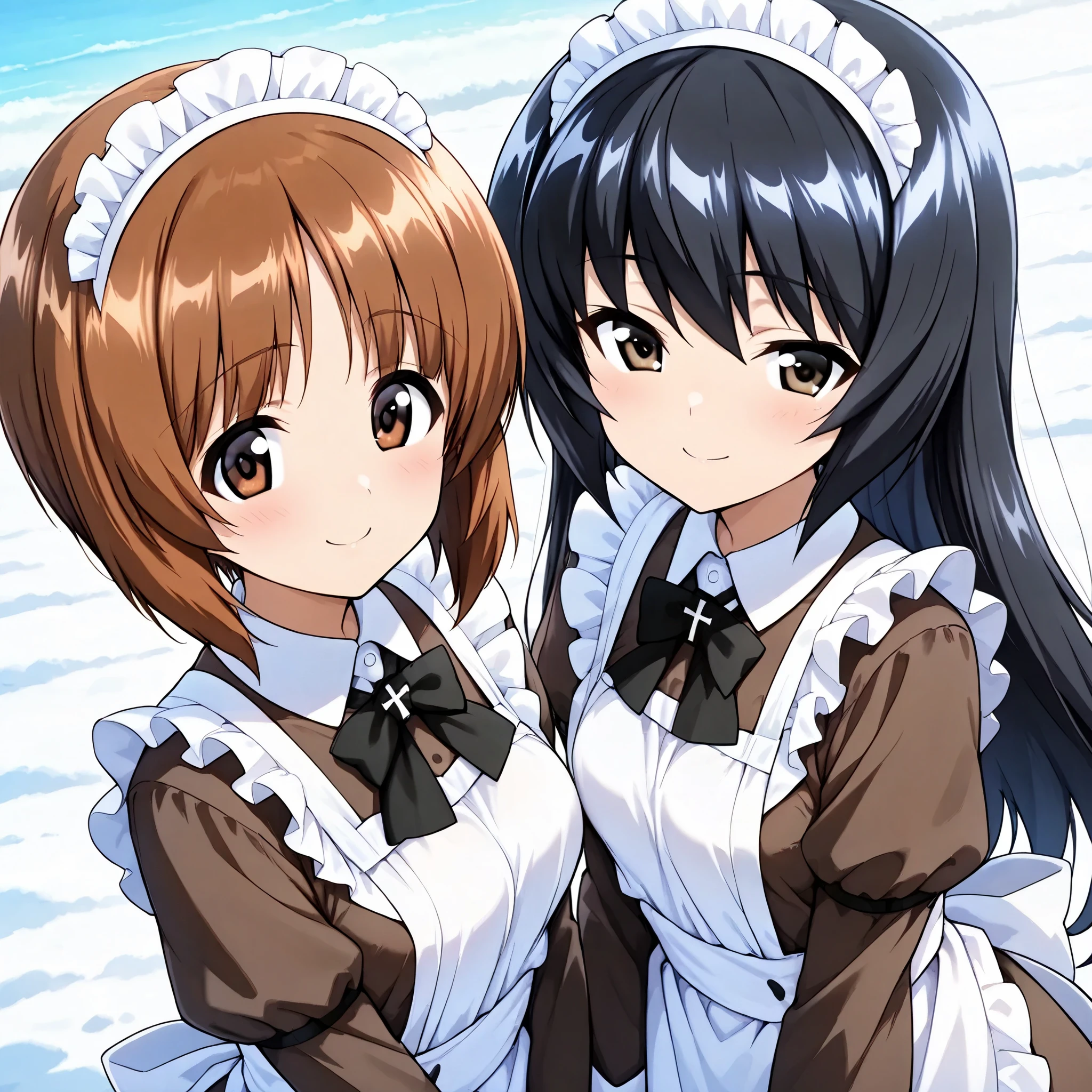  high resolution,  best quality,  Super Quality  ,  two girls、smile、(Reizei Mako、  white hair band, black hair、 Brown Eyes, long hair）、Nishizumi Miho , 綺麗な Brown Eyes, Attractive brown eyes、 brown beautiful hair, bob cut )、 Maid Outfit、 (ビクトリア朝 Maid Outfit:1.3)、snow遊びしてる、 outdoor、snow、真っ白なsnow木