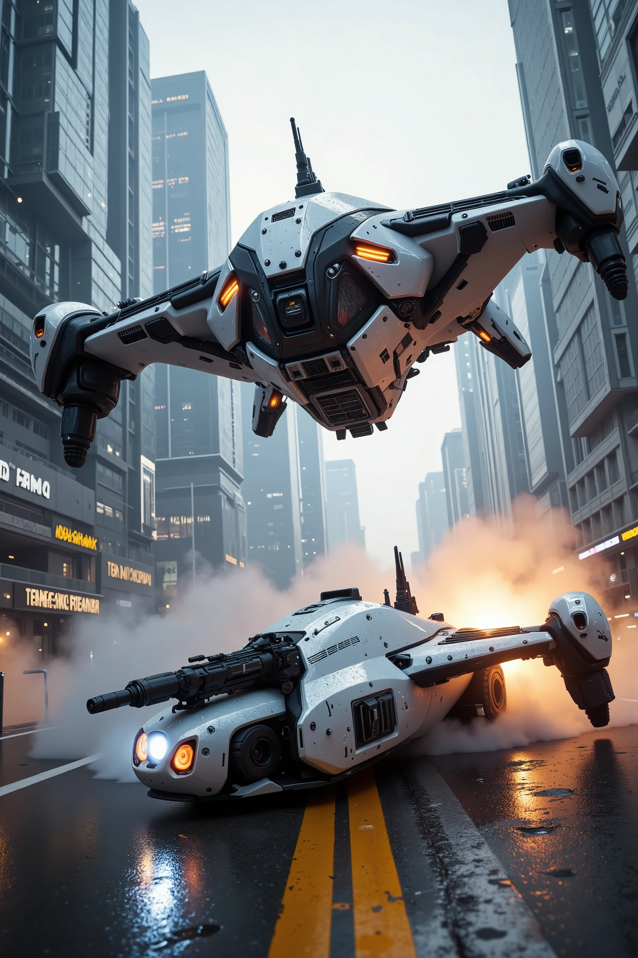 (best quality,4k,8k,highres,masterpiece:1.2), ultra-detailed. Two hovering vehicles can be seen in the broad daylight. <lora:hk-m223c,mad-srgns,rifle: Suddenly, one of the vehicles opens fire on the other with a futuristic cyberpunk automatic weapon. The blasted vehicle goes down in smoke, crashes and blows up down on the street. The shooting vehicle watches from above, then they slowly and calmly, move on. Ultra realistic, realism, cinematic photography, cinematic lighting, cinematic portrait, portrait photography, cinematography, full focus, UHDR, visually disorienting, portrait photography, surrealism, etheral, cyberpunk cityscape, futurism, highest quality, masterpiece.