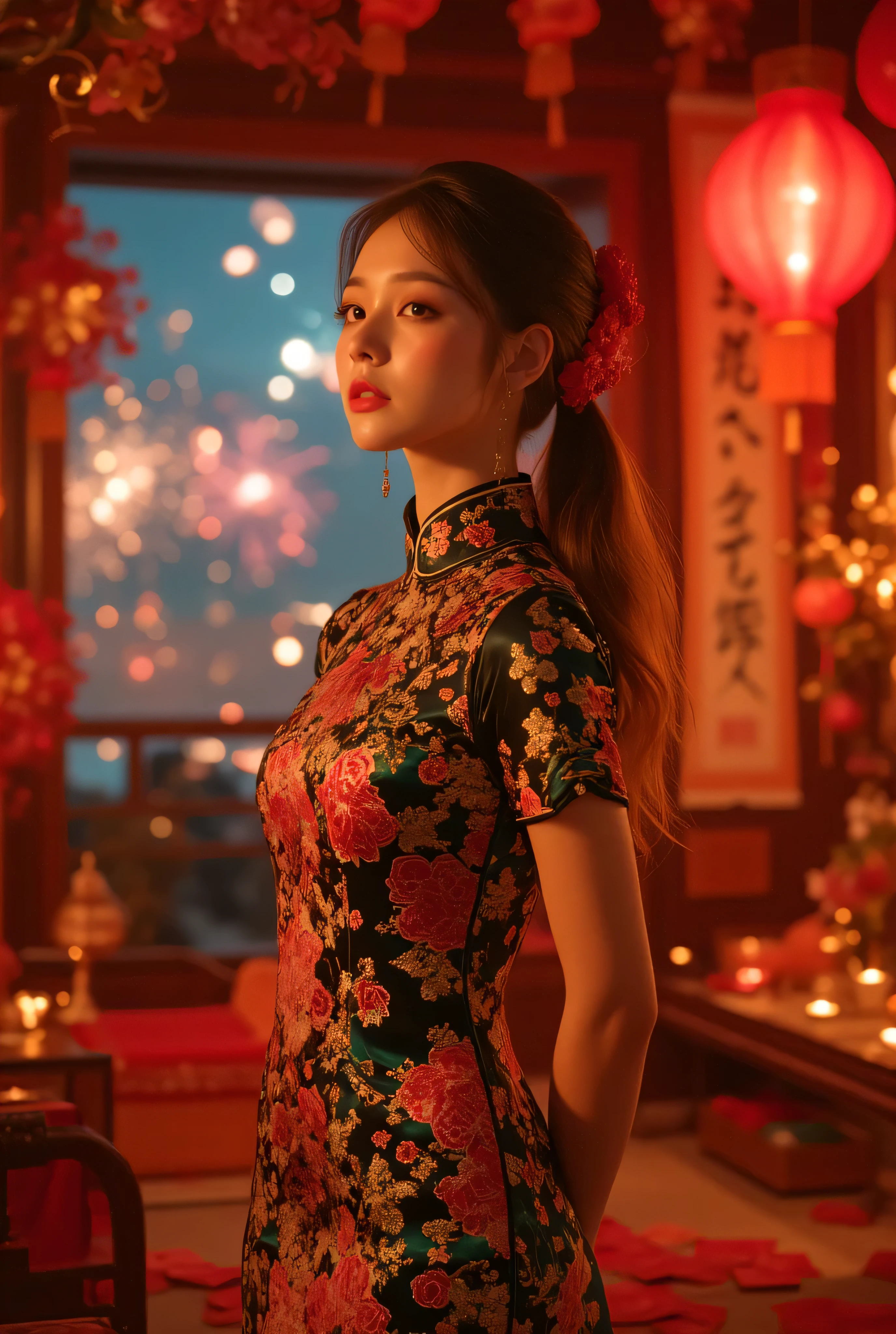 1girl, Cat ears、 face up, attractive, pretty girl, ponytail、few beautiful lady hair decorations, (( fine facial features , eroticism)), dramatic lighting , realistic , 8k, Dramatic Shadows , intricate and elaborate patterns , super detailed photo , chiaroscuro lighting , Pleasant colors , deep contrast , super real 、 pink lipstick、 warm room、Vintage Fireplace 、 cinematic composition、Close-up of face, pretty half part transparent open shoulder loose outfits dress, tang style, A beautiful Korean idol wearing a one piece red-green-blue-black-silver-gold tightly cheongsam with phoenix and intricate floral golden embroidery, golden and silver outline on dress, standing gracefully in a room filled with traditional Chinese New Year decorations. The room features vibrant red lanterns, decorative calligraphy scrolls, a small Chinese orange tree with golden ornaments, and several red envelopes scattered across the floor and hanging from the tree. Adorable, playful cats are part of the scene—some sitting near the tree, others curiously pawing at the red envelopes or lounging around. Through a window or an open door in the background, vibrant Chinese fireworks light up the night sky in an array of reds, golds, and blues, casting a magical glow into the room. The idol’s outfit is paired with subtle accessories like red hairpins or earrings, complementing the festive look. The atmosphere is warm and lively, filled with the joyful essence of the celebration, enhanced by the shimmering lights of the fireworks and the lively decor.