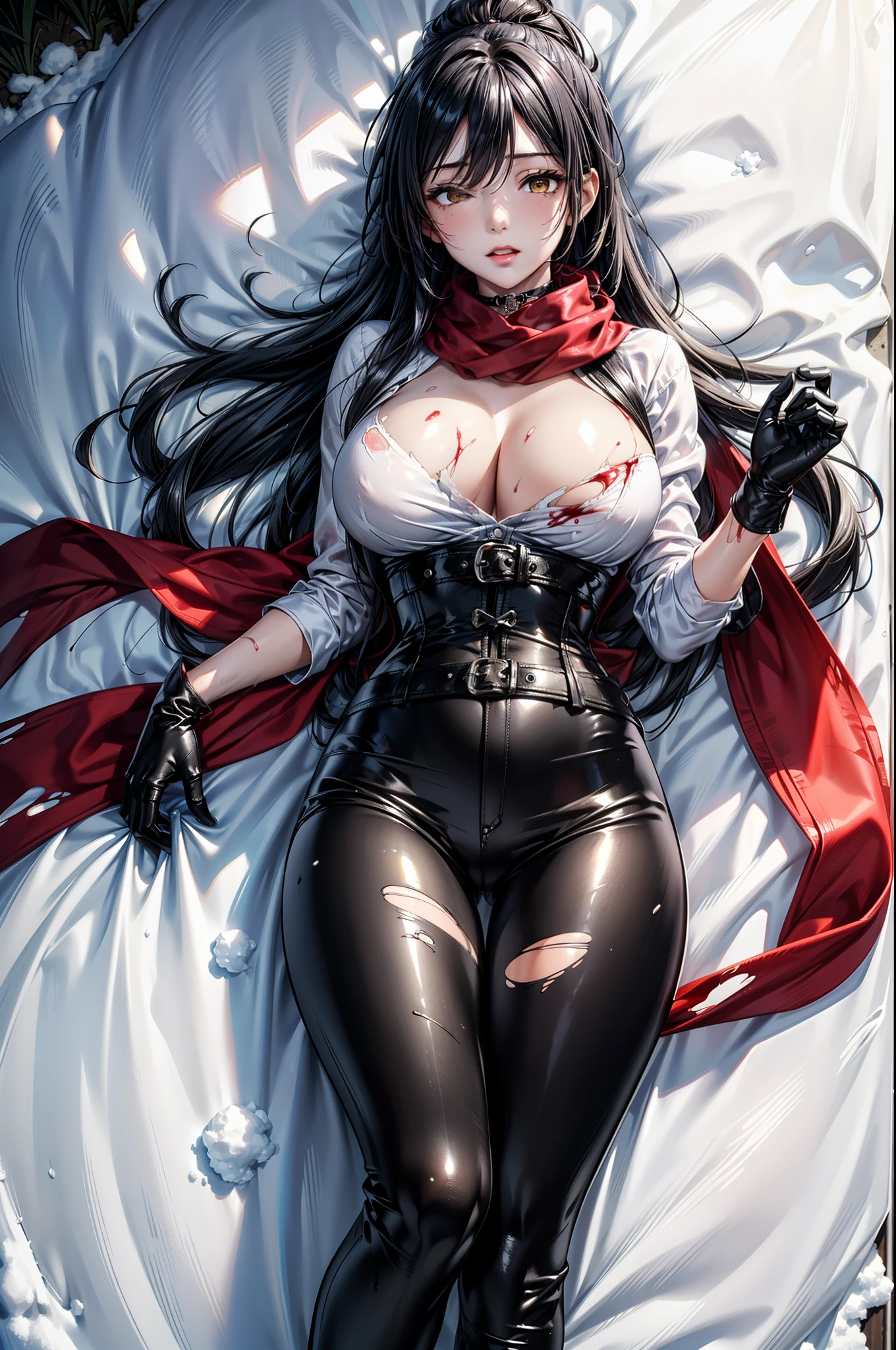 ((blood droplets)), ((blood)), ((blood splatter)), ((blood on clothes)), ((blood stain)), Masterpiece, Beautiful art, professional artist, 8k, art style by sciamano240, Very detailed face, Detailed clothing, detailed fabric, 1 girl, View from above, asleep in the fetal position on the floor, perfectly drawn body, legs open, (very big breasts), dead expression, lifeless, pale skin, beautiful face, black hair short ponytail, Closed eyes, pink cheeks, glasses, choker:1.6, (white collar button down long sleeve shirt), black gloves, gloves that cover hands, (holding an ax in his right hand), (black leather corset), (shiny black leggings), Sensual Lips , evening de invierno, Dark road, dark forest, evening, Atmosphere, fog