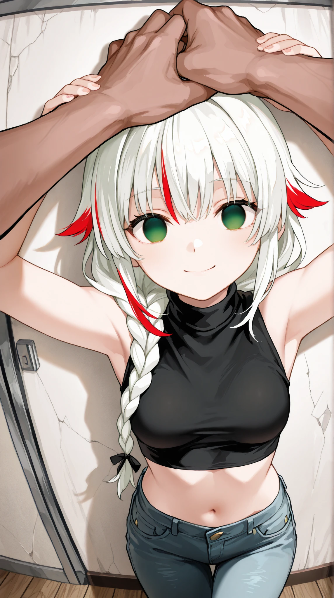 Best Quality, (Masterpiece:1.2), High Detailed, Cat Ears, 1girl, solo, tojo koneko, red eyes, white hair, short hair, hair decoration, black neckband, erotica, sleeveless, bare legs, healthy skin, ((swimsuit)),(( cum, cum on face, after sex))