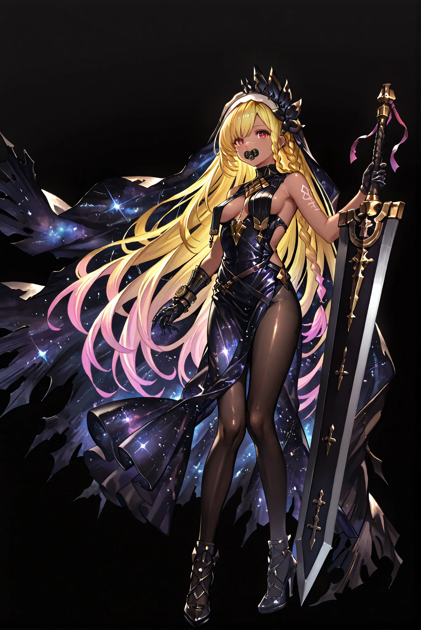 Scar on Nose, Black Armor, whole body盔甲,  Broken Cloak , Closed monocular , 龍殺手之sword-II.v1.0, Holding - Dragon Slayer, Giant Weapon, sword, holding sword,  holding a weapon ,, weapon, 大sword,sword,圣sword，神sword，魔sword，sword散发着紫光 holding weapon, ruanyi0847,bodysuit,breast curtains,dress,nun,pantyhose,pelvic curtain ,sword舞,施放法術來召喚多個紫色漂浮sword （ stands，whole body， high heels， front view，Standing picture:1.7)，HoleHeels，oval/Circle/Thorn/Horn Heels，, Limited Color Palette , Black Background ,Colorful, vivid colors ,Flashing silhouette ,neon,black light ,watch,  Masterpiece,  very beautiful ,, shiny skin, galaxy dress, backless dress, golden ornaments, arm tattoo, , Granblue_ fantasy, Helel_Ben_Shalem, dark skin, Blonde, long hair, braid, red eyes, pacifier,