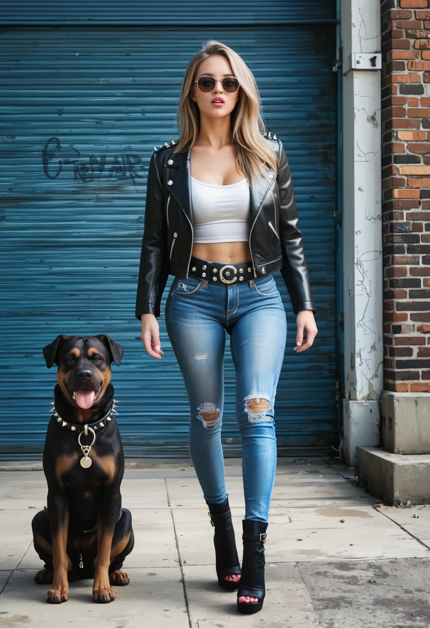 ((( best proportions 、 Height、 long legs、The best beautiful girl、(A white 20-year-old with a tall nose and a big mouth)、 Long Light Brown Hair )))、(( sunglasses、 leather riders jacket 、Bad attitude、Tight denim、Distressed denim、Studded belt、 black high heels))、(( Bad Girl with a Criminal Record 、walking with a ferocious black mastiff dog、 Threatening Her Surrounding Area 、The dim back streets of New York、Desolate Warehouse District 、 at dusk ))