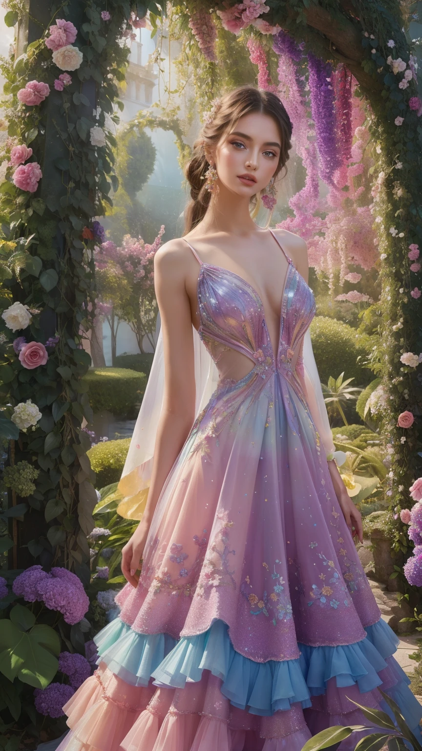 Take viewers into a world of stunning beauty and boundless imagination with an electrifying painting, which combines the ephemeral beauty of the rainbow rose and the avant-garde glamour of high fashion .
Imagine a transcendent fashion spectacle , unfold set in a mythical garden , where models in couture outfits , inspired by the fascinating shades of the Rainbow Rose , glide gracefully among a kaleidoscope of colors and textures .
Every garment is a masterpiece of craftsmanship , dresses carefully crafted , to mimic the intricate patterns and iridescent glitter of . From flowing , decorated with a cascade of rainbow ruffles , to elegant , tight outfits , decorated with delicate floral embroidery , each outfit radiates luxury and charm .
The catwalk itself becomes the stage for a symphony of movement and color , models demonstrate confidence and grace , their silhouettes are illuminated by the soft light of ethereal lights , casting rainbow shadows on the magic garden .
in the background , tall trees, decorated with blooming rainbow roses , Reaching for the sky, their branches intertwine with cascades of bright colors and lush foliage , flower petals creating a breathtaking backstage for the unfolding .
The viewer sees a fascinating picture , they are transported to the world , where the boundaries between reality and fantasy blur , show and the beauty of nature harmoniously merge with the creative expression of man . " Flower Symphony : A rainbow dream " is not just a painting — it's an exciting experience , who ignites the imagination and leaves a lasting impression on everyone , who sees its splendor .