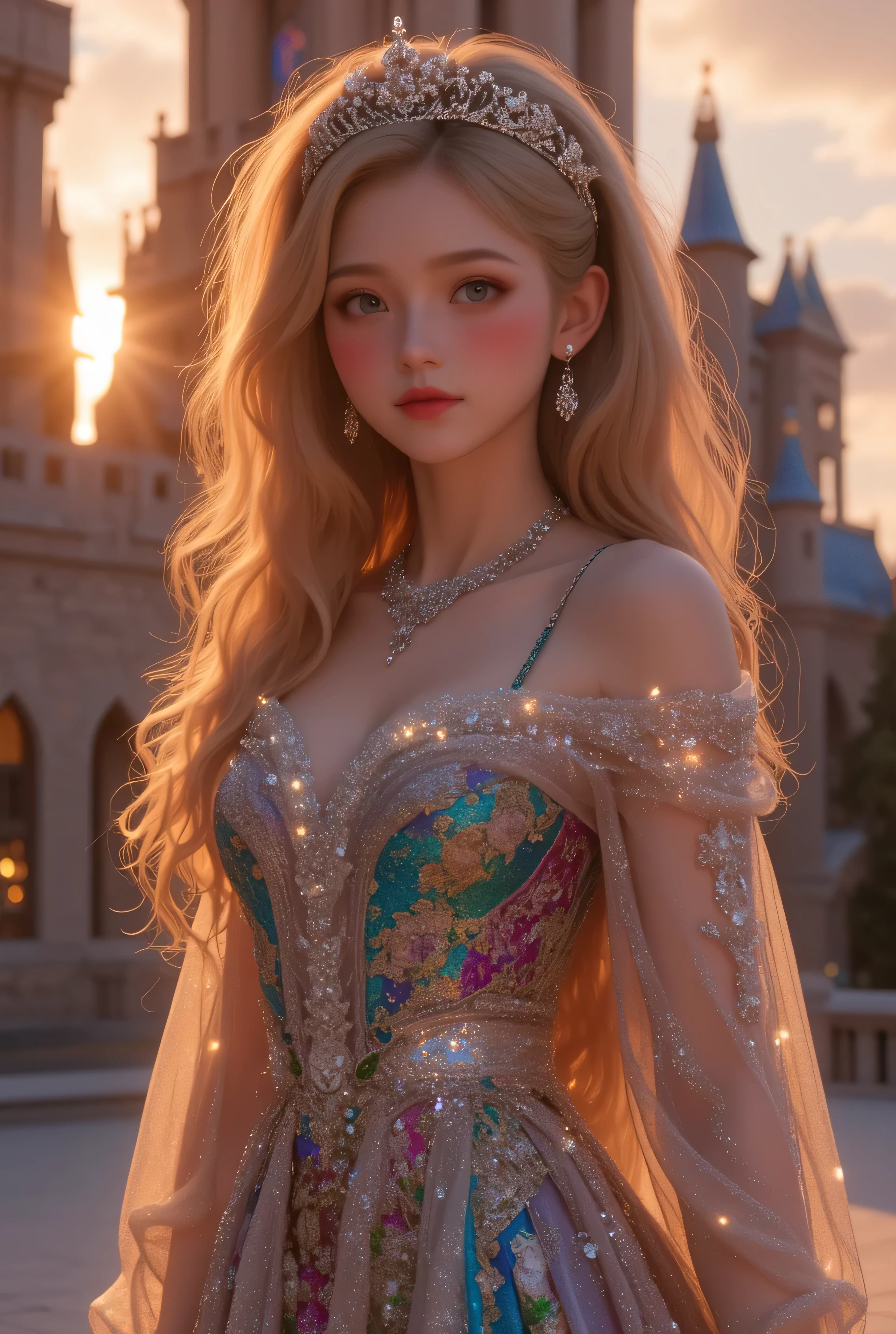 lors, deep contrast, super real, pink lipstick, lovely atmosphere, cinematic composition, close-up of face. She is wearing a breathtakingly opulent princess dress with flowing, multi-layered fabrics in a mesmerizing blend of royal blue, deep crimson, emerald green, and shimmering violet, creating a dazzling gradient effect. The dress is adorned with intricate golden and silver embroidery, forming delicate floral and celestial patterns, intertwined with radiant, sparkling gems in shades of sapphire, ruby, emerald, and amethyst. The off-shoulder design is enhanced with sheer, shimmering fabrics that drape elegantly, catching the light like woven stardust. Her bodice is encrusted with fine jewel embellishments, and a beautifully detailed silver and gold belt cinches her waist, adding to the regal elegance. She also wears a dazzling gemstone necklace, a delicate tiara of intertwined silver and gold adorned with pearls and precious stones, and an exquisite matching bracelet. Her dress have many lights , shinning out the lights.
She stands gracefully in front of a magnificent castle with towering spires, intricate stonework, and glowing stained-glass windows that cast a kaleidoscope of colors onto the grand courtyard. The castle is bathed in the golden light of a setting sun, with the sky painted in warm hues of orange, pink, and purple. Ethereal sparkles fill the air, adding a magical glow to the scene. Her expression is serene, confident, and regal, exuding the grace and charm of a true fairy-tale princess in a fantastical, enchanted world.