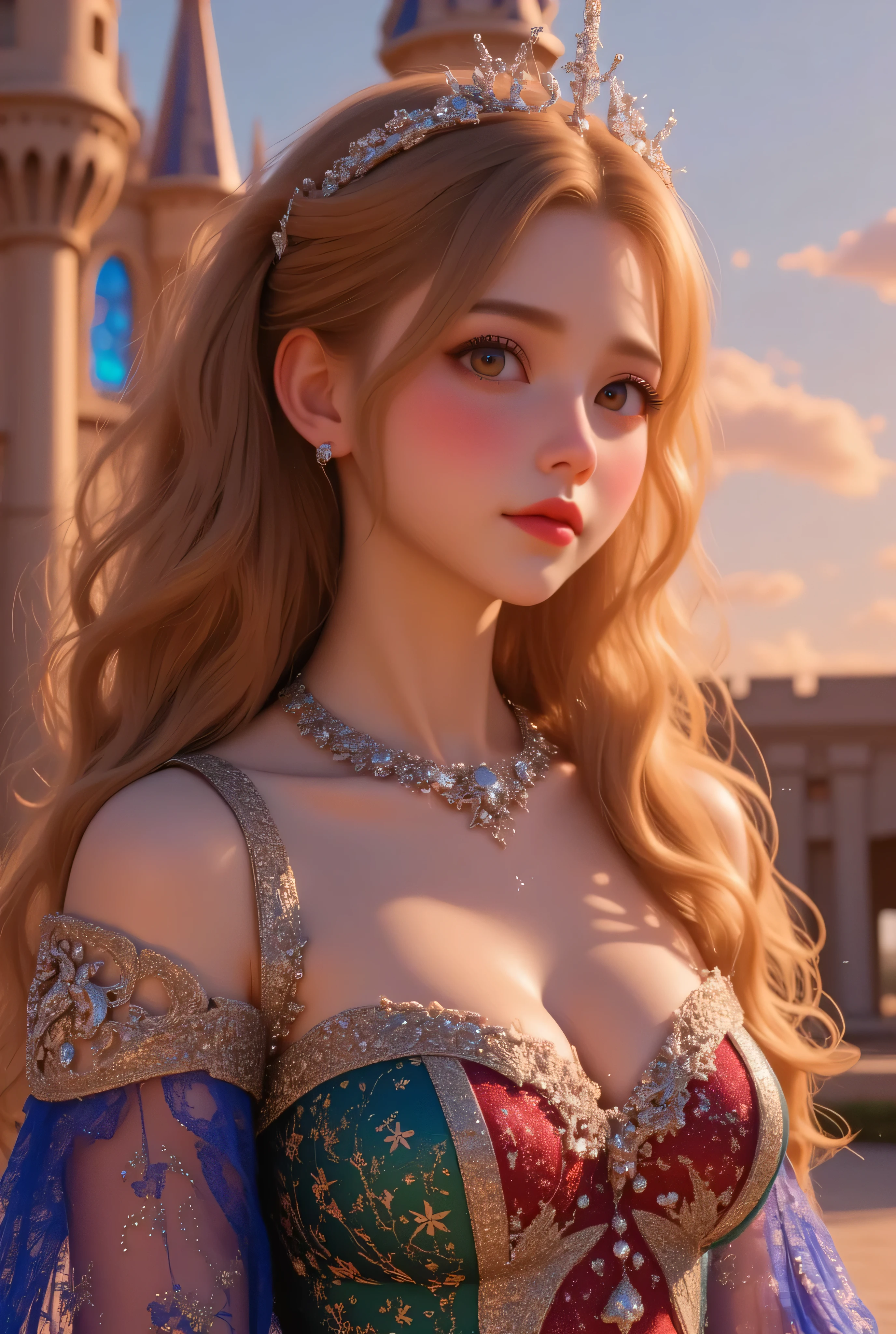 lors, deep contrast, super real, pink lipstick, lovely atmosphere, cinematic composition, close-up of face. She is wearing a breathtakingly opulent princess dress with flowing, multi-layered fabrics in a mesmerizing blend of royal blue, deep crimson, emerald green, and shimmering violet, creating a dazzling gradient effect. The dress is adorned with intricate golden and silver embroidery, forming delicate floral and celestial patterns, intertwined with radiant, sparkling gems in shades of sapphire, ruby, emerald, and amethyst. The off-shoulder design is enhanced with sheer, shimmering fabrics that drape elegantly, catching the light like woven stardust. Her bodice is encrusted with fine jewel embellishments, and a beautifully detailed silver and gold belt cinches her waist, adding to the regal elegance. She also wears a dazzling gemstone necklace, a delicate tiara of intertwined silver and gold adorned with pearls and precious stones, and an exquisite matching bracelet. Her dress have many lights , shinning out the lights.

She stands gracefully in front of a magnificent castle with towering spires, intricate stonework, and glowing stained-glass windows that cast a kaleidoscope of colors onto the grand courtyard. The castle is bathed in the golden light of a setting sun, with the sky painted in warm hues of orange, pink, and purple. Ethereal sparkles fill the air, adding a magical glow to the scene. Her expression is serene, confident, and regal, exuding the grace and charm of a true fairy-tale princess in a fantastical, enchanted world.