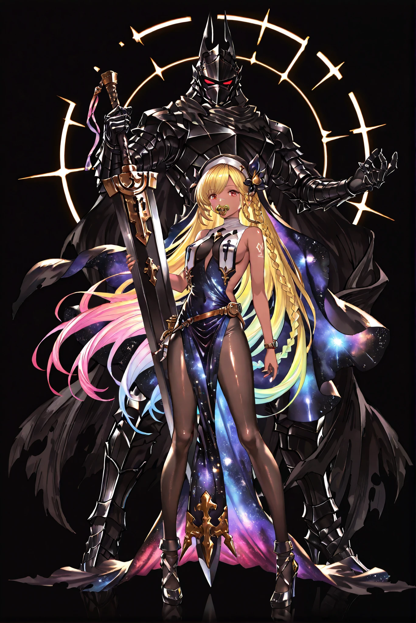 Scar on Nose, Black Armor, whole body盔甲, Broken Cloak , Closed monocular , 龍殺手之sword-II.v1.0, Holding - Dragon Slayer, Giant Weapon, sword, holding sword, holding a weapon ,, weapon, 大sword,sword,圣sword,神sword,魔sword,sword散发着紫光 holding weapon, ruanyi0847,bodysuit,breast curtains,dress,nun,pantyhose,pelvic curtain ,( stands,whole body, high heels, front view,Standing picture:1.7),HoleHeels,oval/Circle/Thorn/Horn Heels,, Limited Color Palette , Black Background ,Colorful, vivid colors ,Flashing silhouette ,neon,black light ,watch, Masterpiece, very beautiful ,, shiny skin, galaxy dress, backless dress, golden ornaments, arm tattoo, , Granblue_ fantasy, Helel_Ben_Shalem, dark skin, Blonde, long hair, braid, red eyes, pacifier,