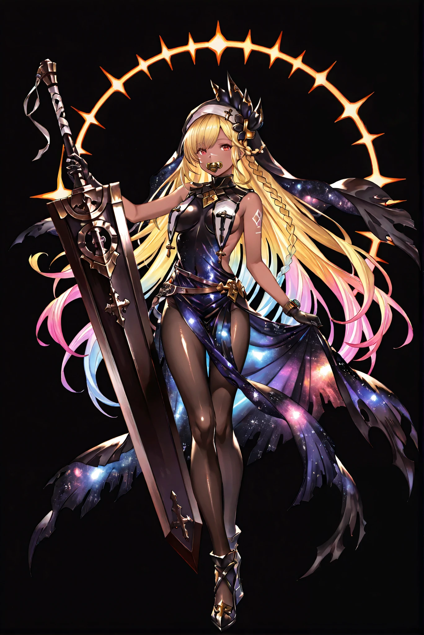 Scar on Nose, Black Armor, whole body盔甲, Broken Cloak , Closed monocular , 龍殺手之sword-II.v1.0, Holding - Dragon Slayer, Giant Weapon, sword, holding sword, holding a weapon ,, weapon, 大sword,sword,圣sword,神sword,魔sword,sword散发着紫光 holding weapon, ruanyi0847,bodysuit,breast curtains,dress,nun,pantyhose,pelvic curtain ,( stands,whole body, high heels, front view,Standing picture:1.7),HoleHeels,oval/Circle/Thorn/Horn Heels,, Limited Color Palette , Black Background ,Colorful, vivid colors ,Flashing silhouette ,neon,black light ,watch, Masterpiece, very beautiful ,, shiny skin, galaxy dress, backless dress, golden ornaments, arm tattoo, , Granblue_ fantasy, Helel_Ben_Shalem, dark skin, Blonde, long hair, braid, red eyes, pacifier,