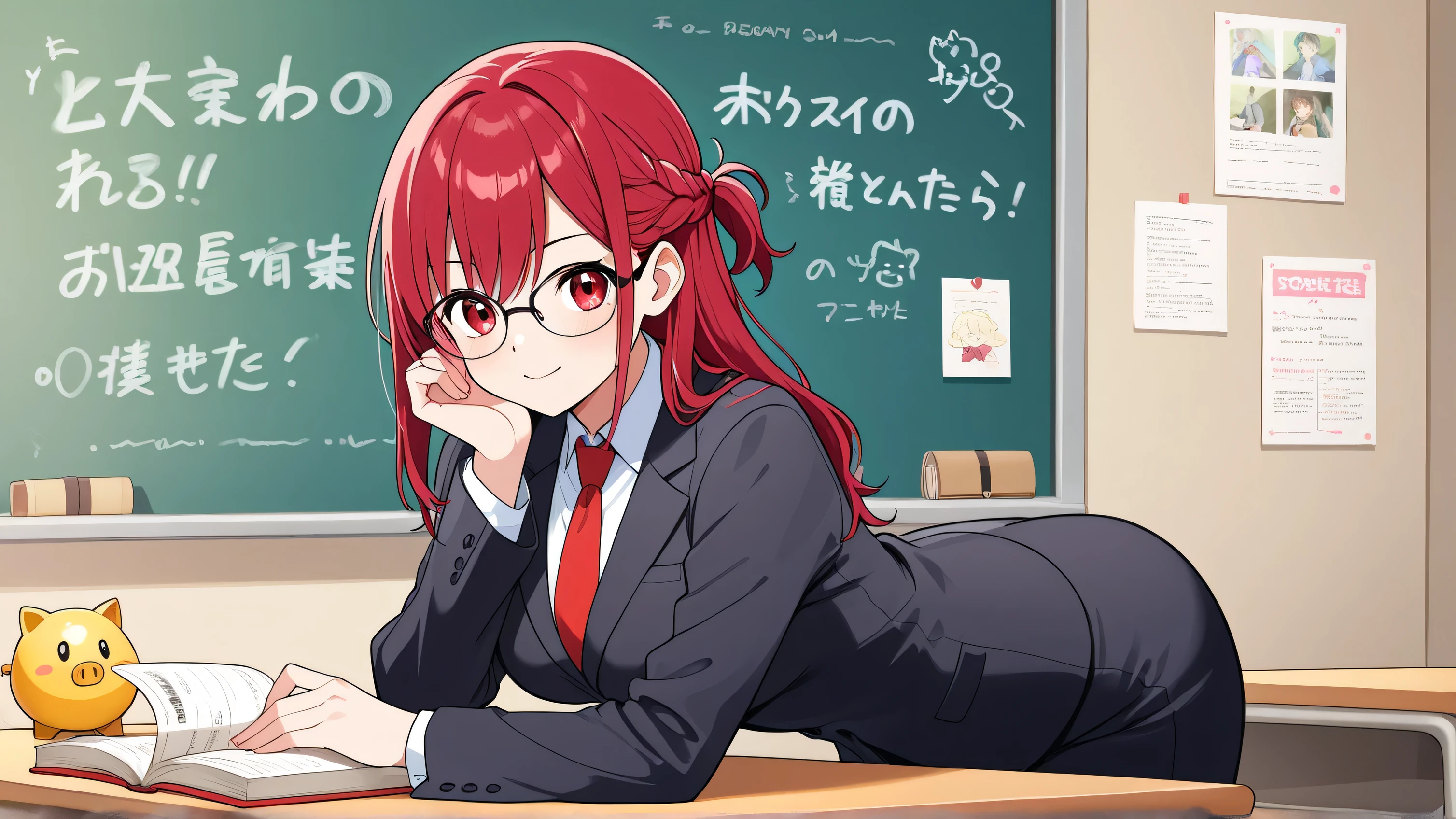 characters:Cute anime style girl、One person、black and red half-up hairstyle、Glasses、in a suit
Situation: in the classroom、teaching how to study money
themes:point image of life、an atmosphere where you can save money(coin、Piggy bank、Books, etc.)
Text elements:「Moppy」is placed prominently in the center
Atmosphere:Warmly、A fun way to learn