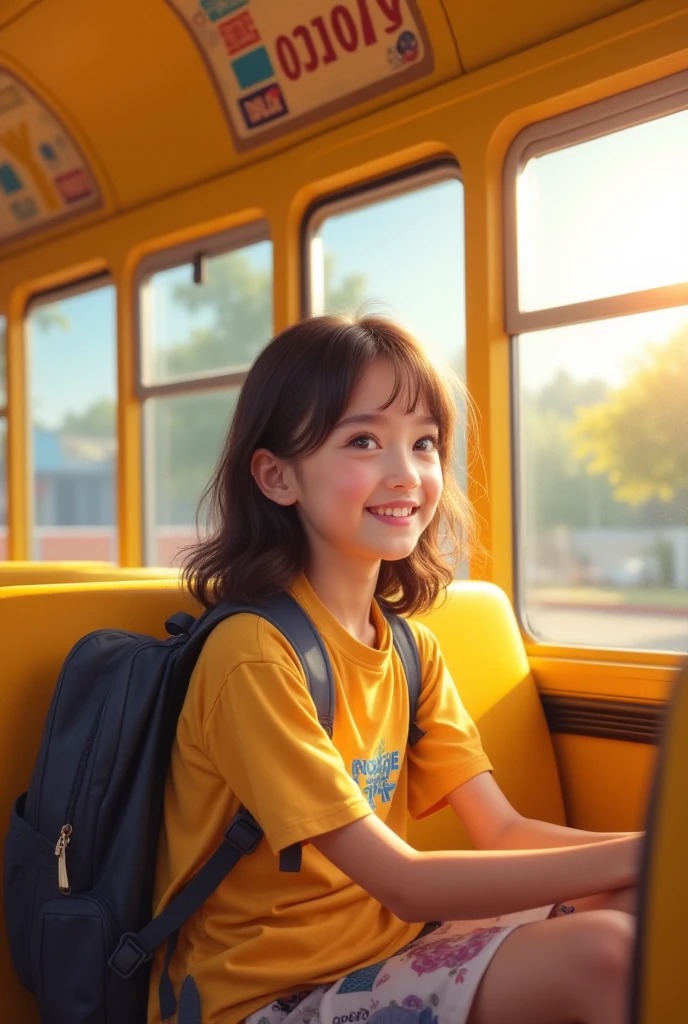 Draw a bright yellow school bus with large windows and a bright blue door. On the front of the bus, draw a friendly driver's face and a waving hand. On the side of the bus, draw children laughing and waving to the camera. On the back of the bus, draw the words "School Bus" in red and yellow letters.