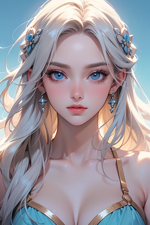 (best quality, ultra-detailed, photorealistic: 1.39), bright and vibrant colors, studio lighting, romantic expression, An effeminate girl, with a delicate and beautiful face. She is a girl who reflects seductive beauty, sparkling eyes, extremely beautiful woman, lips parted, white hair