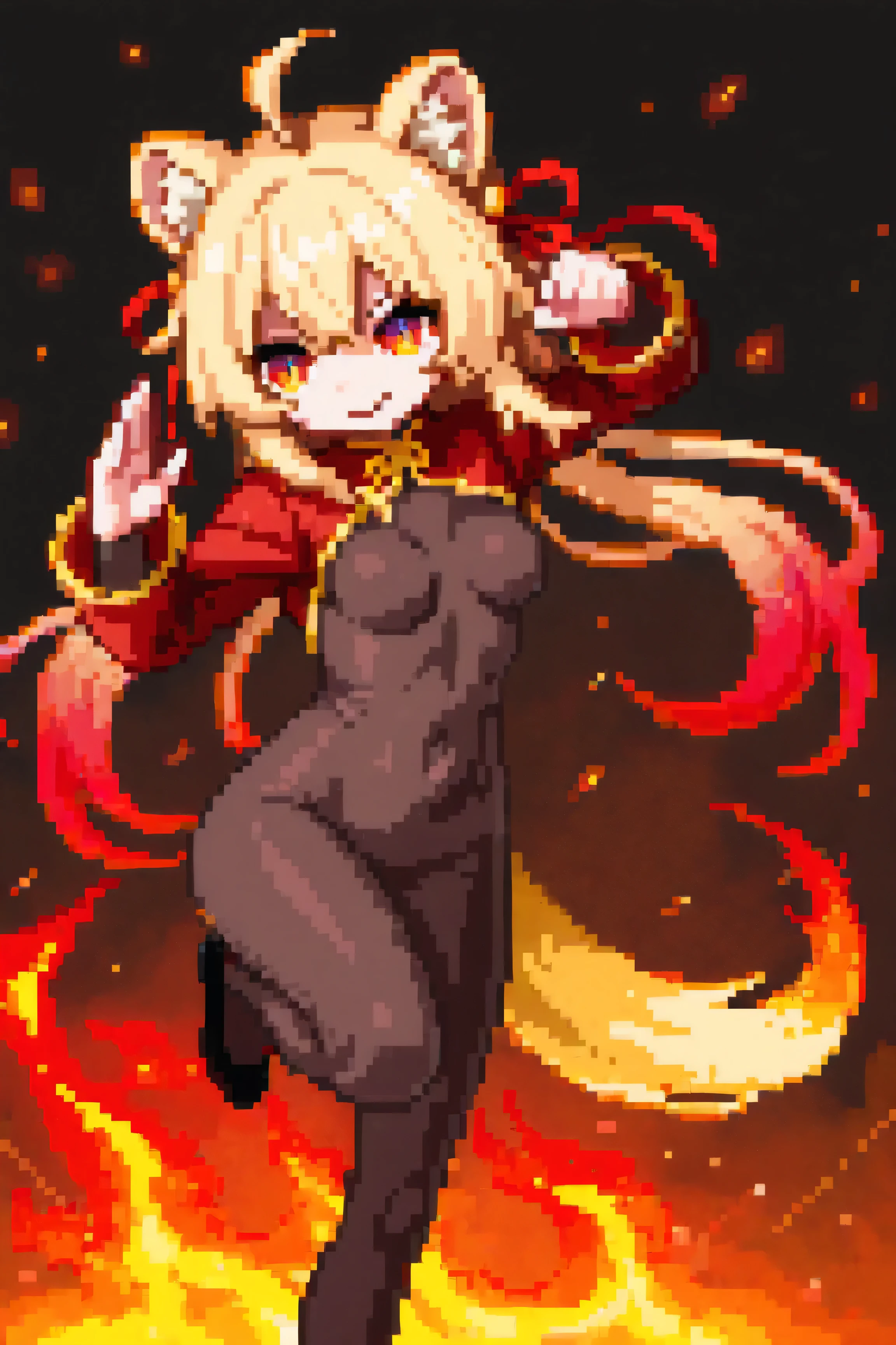 1girl, ahoge, animal ear fluff, animal ears, blonde hair, bodystocking, bodysuit, breasts, brown bodysuit, chinese clothes, covered navel, dynamic pose, embers, fighting stance, fire, flame-tipped tail, gold trim, gradient eyes, gradient hair, hair ribbon, impossible bodysuit, impossible clothes, kung fu, long hair, long sleeves, multicolored eyes, multicolored hair, pyrokinesis, red eyes, red hair, red ribbon, red shrug, ribbon, shrug (clothing), slit pupils, small breasts, smile, weasel ears, weasel girl, weasel tail, yellow eyes, 
