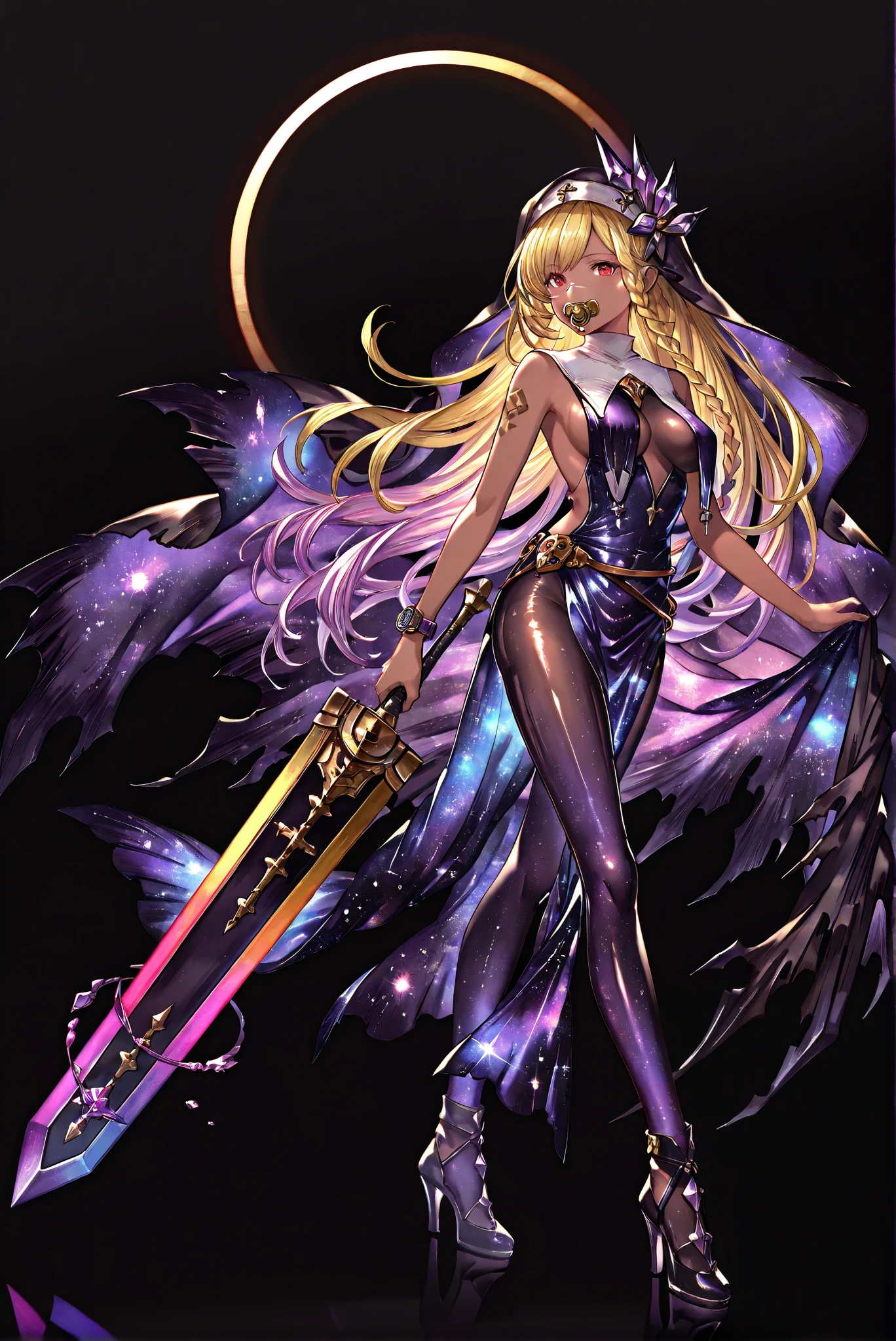 Scar on Nose, amethyst black, amethyst whole body盔甲, Broken Cloak , Closed monocular , Dragon Sword -II.v1.0, Holding - Dragon Slayer, Giant Weapon, amethyst, holding 劍, holding a weapon ,, weapon, Great sword,sword,圣sword,神sword,魔sword,sword散发着紫光 holding weapon, ruanyi0847,amethyst bodysuit,amethyst breast curtains,dress,nun,amethyst pantyhose,amethyst pelvic curtain ,( stands,whole body, high heels, front view,Standing picture:1.7),HoleHeels,oval/Circle/Thorn/Horn Heels,, Limited Color Palette , Black Background ,Colorful, vivid colors ,Flashing silhouette ,neon,black light ,watch, Masterpiece, very beautiful ,, shiny skin, galaxy dress, backless dress, golden ornaments, arm tattoo, , Granblue_ fantasy, Helel_Ben_Shalem, dark skin, Blonde, long hair, braid, red eyes, pacifier,