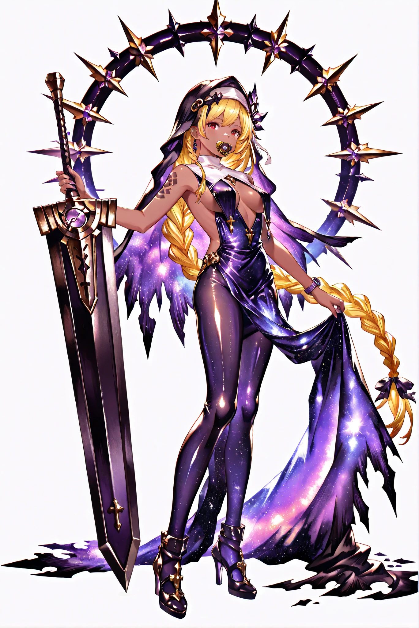Scar on Nose, amethyst black, amethyst whole body盔甲, Broken Cloak , Closed monocular , Dragon Sword -II.v1.0, Holding - Dragon Slayer, Giant Weapon, amethyst, holding 劍, holding a weapon ,, weapon, Great sword,sword,圣sword,神sword,魔sword,sword散发着紫光 holding weapon, ruanyi0847,amethyst bodysuit,amethyst breast curtains,dress,nun,amethyst pantyhose,amethyst pelvic curtain ,( stands,whole body, high heels, front view, white background,Standing picture:1.7),HoleHeels,oval/Circle/Thorn/Horn Heels,, Limited Color Palette ,Colorful, vivid colors ,Flashing silhouette ,neon,black light ,watch, Masterpiece, very beautiful ,, shiny skin, galaxy dress, backless dress, golden ornaments, arm tattoo, , Granblue_ fantasy, Helel_Ben_Shalem, dark skin, Blonde, long hair, braid, red eyes, pacifier,