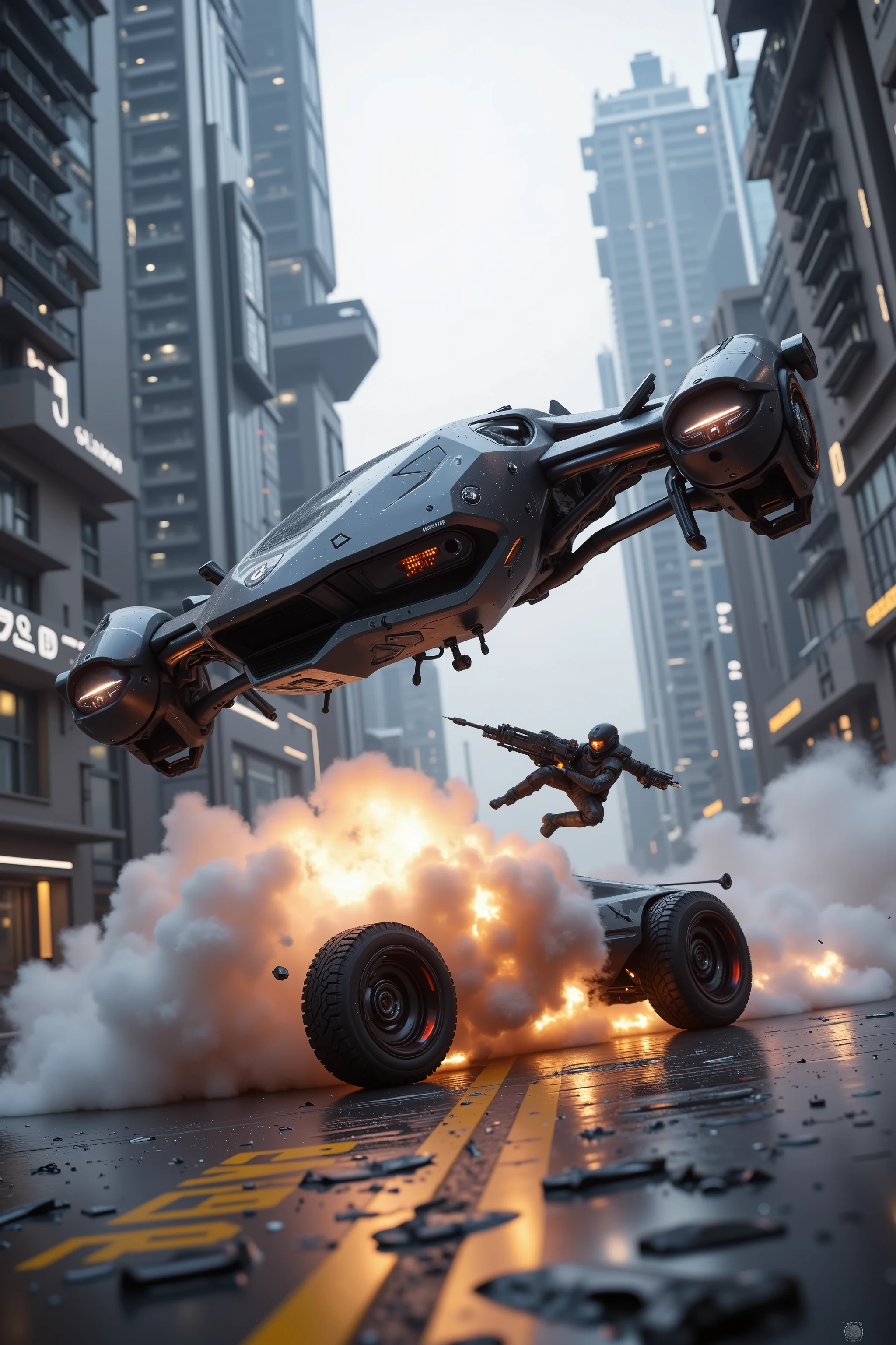 (best quality,4k,8k,highres,masterpiece:1.2), ultra-detailed. Two hovering vehicles can be seen in the broad daylight. <lora:hk-m223c,mad-srgns,rifle: Suddenly, one of the vehicles opens fire on the other with a futuristic cyberpunk automatic weapon. The blasted vehicle goes down in smoke, crashes and blows up down on the street. The shooting vehicle watches from above, then they slowly and calmly, move on. Ultra realistic, realism, cinematic photography, cinematic lighting, cinematic portrait, portrait photography, cinematography, full focus, UHDR, visually disorienting, portrait photography, surrealism, etheral, cyberpunk cityscape, futurism, highest quality, masterpiece.