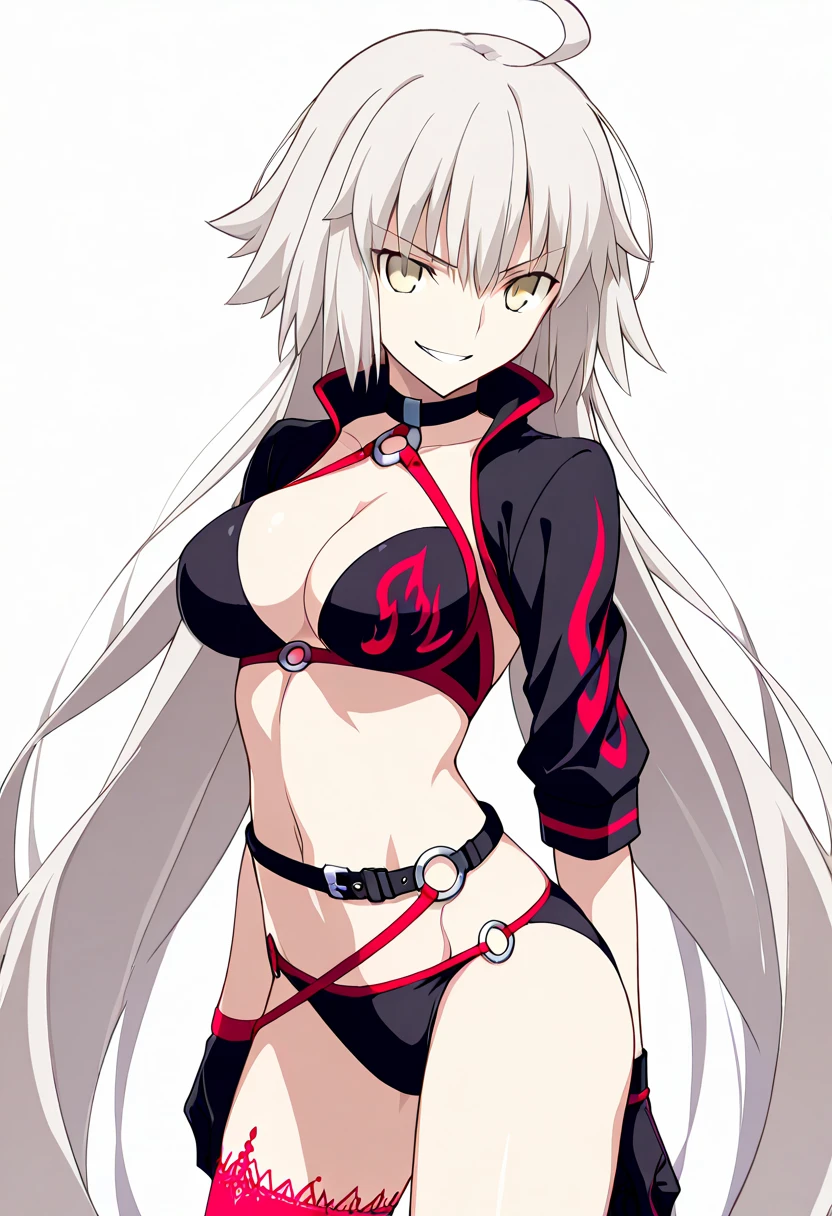 masterpiece, best quality, 1girl, , silver hair, ahoge, gold eyes, shaggy_long_hair,, gigantic_breasts, , blue sky_beach_landscape,covered_groin,covered_nipples,solo,young_teen,,open_legs,,crotch_armor,cowboy_shot,crotch, asymmetrical legwear, long hair, bikini, black bikini, black gloves, gloves, long sleeves, navel, o-ring, o-ring bikini, o-ring bottom, o-ring top, puffy long sleeves, puffy sleeves, red legwear, single thighhigh, swimsuit, thigh strap, thighhighs, uneven legwear,smile,grin,angry,glare,dynamic_standing,jeanne D'arc alter,