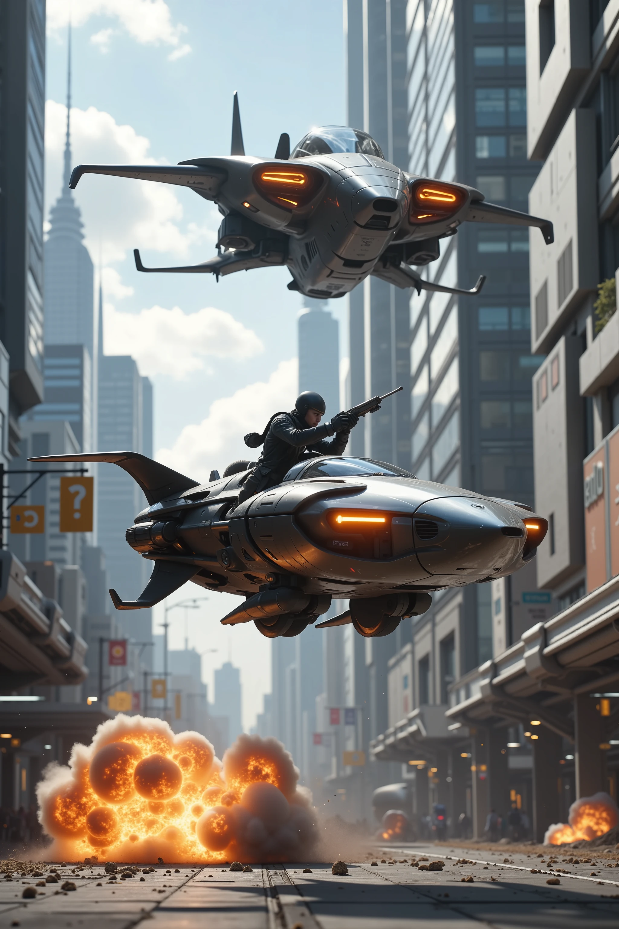 (best quality,4k,8k,highres,masterpiece:1.2), ultra-detailed. Two hovering vehicles can be seen in the broad daylight. <lora:hk-m223c,mad-srgns,rifle: Suddenly, one of the vehicles opens fire on the other with a futuristic cyberpunk automatic weapon. The blasted vehicle goes down in smoke, crashes and blows up down on the street. The shooting vehicle watches from above, then they slowly and calmly, move on. Ultra realistic, realism, cinematic photography, cinematic lighting, cinematic portrait, portrait photography, cinematography, full focus, UHDR, visually disorienting, portrait photography, surrealism, etheral, cyberpunk cityscape, futurism, highest quality, masterpiece.