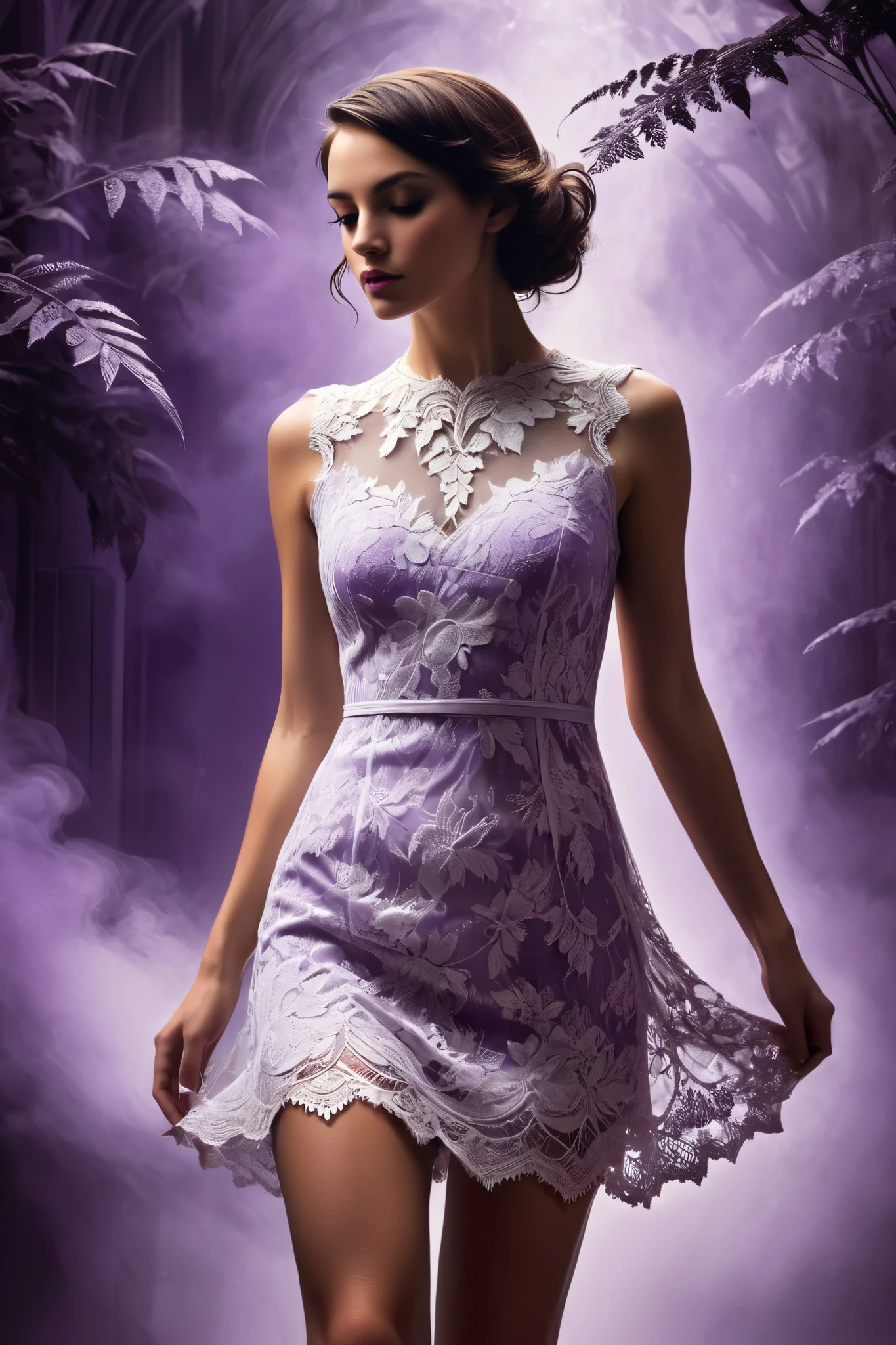 high definition , high quality , Masterpiece . The figure of a brunette, personifying loneliness, inspired by Mark Allante's acute question "Dance tango with your loneliness?", Rachel McLean captured her full length, white guipure lace mini dress . monochrome palette with a purple tint, penetrating from below, careful anatomy, intricate background details , Shrouded in smoke, ambient purple light, , enhancing the cinematic and epic nature of the composition, rich deep colors , giving the narrative.