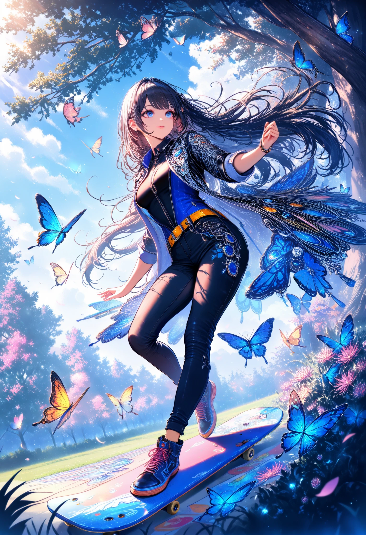 anime, Girl, long hair , belt, easy makeup, perfect anatomy, full length tuff, the skate, skateboard is wearing a, pants, vest in very beautiful colors, Von Park , Sunny, trees, Lots of Details , Butterflies, (( Masterpiece , 8 k, best quality, complex details, perfect)), Wonderful, high definition , bright colors , rich colors,
