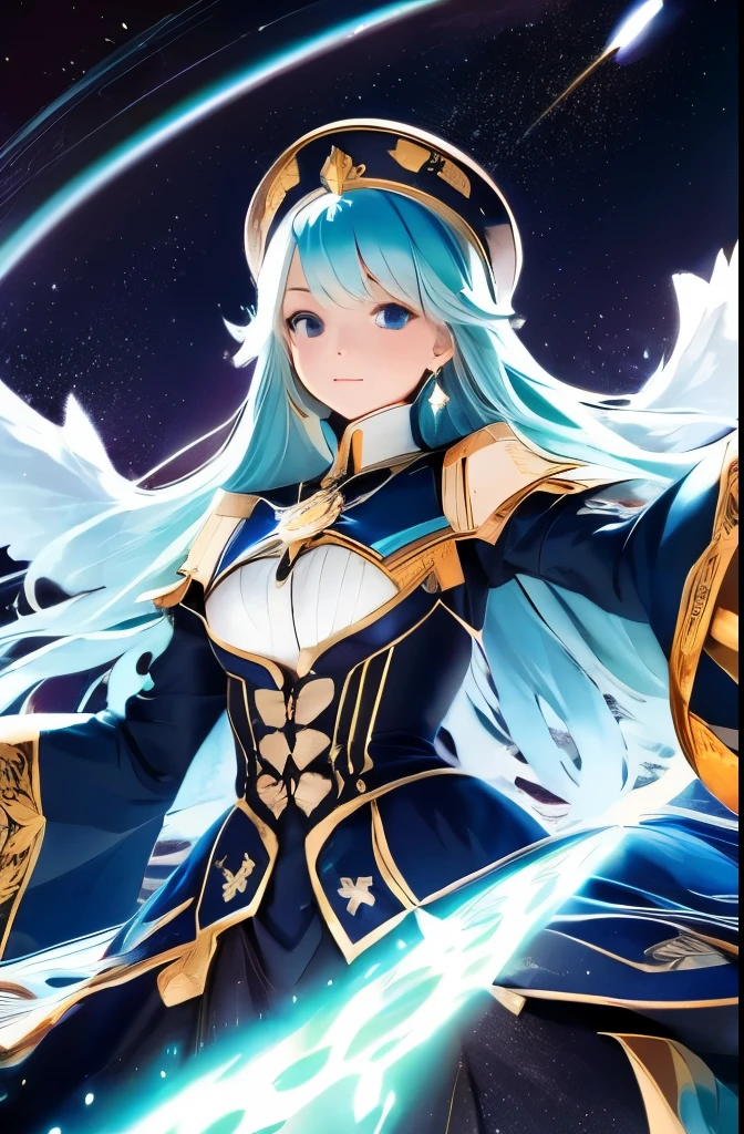 1girl umi ryuuzaki hairband headgear, blue armor shoulder armor blue cape elbow glovesleotard white thighhighs 汗をかいている Plateau at night Starry Sky The wind is blowing Holding a sword Feeling pity An expression of pity