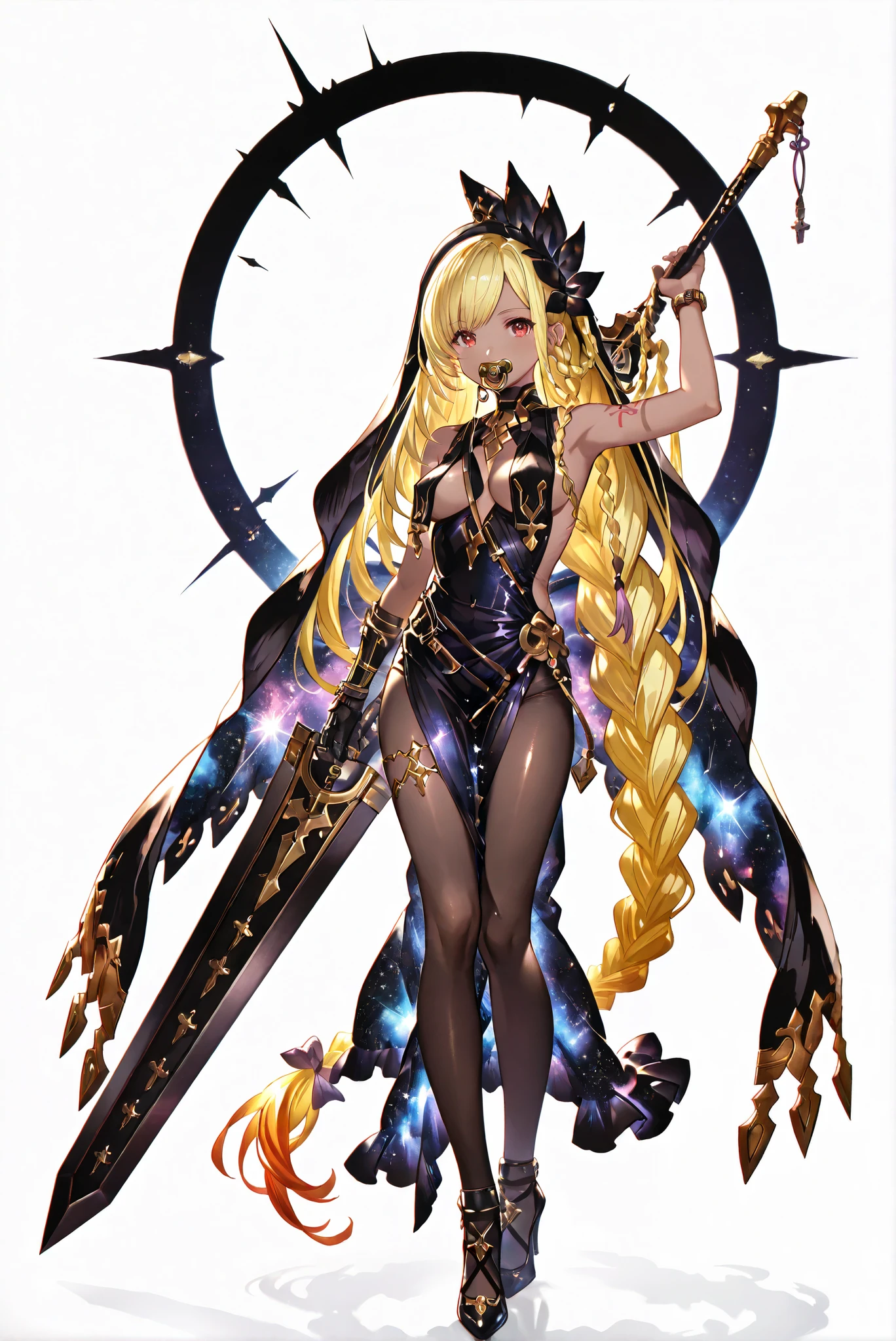 Black Armor, whole body盔甲, 龍殺手之sword-II.v1.0, Holding - Dragon Slayer, Giant Weapon, sword, holding sword, holding a weapon ,, weapon, 大sword,sword,圣sword,神sword,魔sword,sword散发着紫光 holding weapon, ruanyi0847,bodysuit,breast curtains,dress,nun,pantyhose,pelvic curtain ,sword舞,施放法術來召喚多個紫色漂浮sword ( stands,whole body, high heels, front view,Standing picture, white background:1.7),HoleHeels,oval/Circle/Thorn/Horn Heels,, Limited Color Palette ,Colorful, vivid colors ,Flashing silhouette ,neon,black light ,watch, Masterpiece, very beautiful ,, shiny skin, galaxy dress, backless dress, golden ornaments, arm tattoo, , Granblue_ fantasy, Helel_Ben_Shalem, dark skin, Blonde, long hair, braid, red eyes, pacifier,