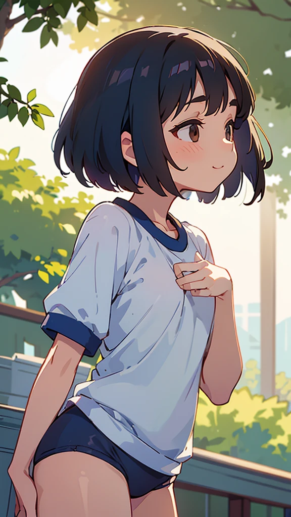 Residential Street,smile,Are standing,Put your hands behind your back,close your eyes,1 ,boyish.Two-block shorthair,Black Hair,blush,School Swimsuit,White skin,summer,From below,Open your hands,shy,Sweat,Open your mouth,