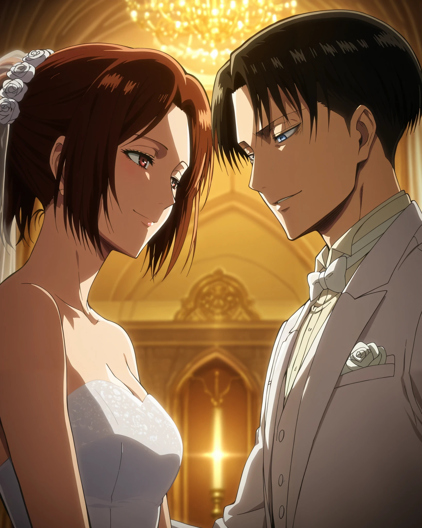 masterpiece, best quality, intricate details, anime screencap, anime coloring, , , , 1boy, 1girl, a tuxedo, a wedding dress, Levi Ackerman and Hange Zoe are looking at each other, smile, the wedding, wedding hall background