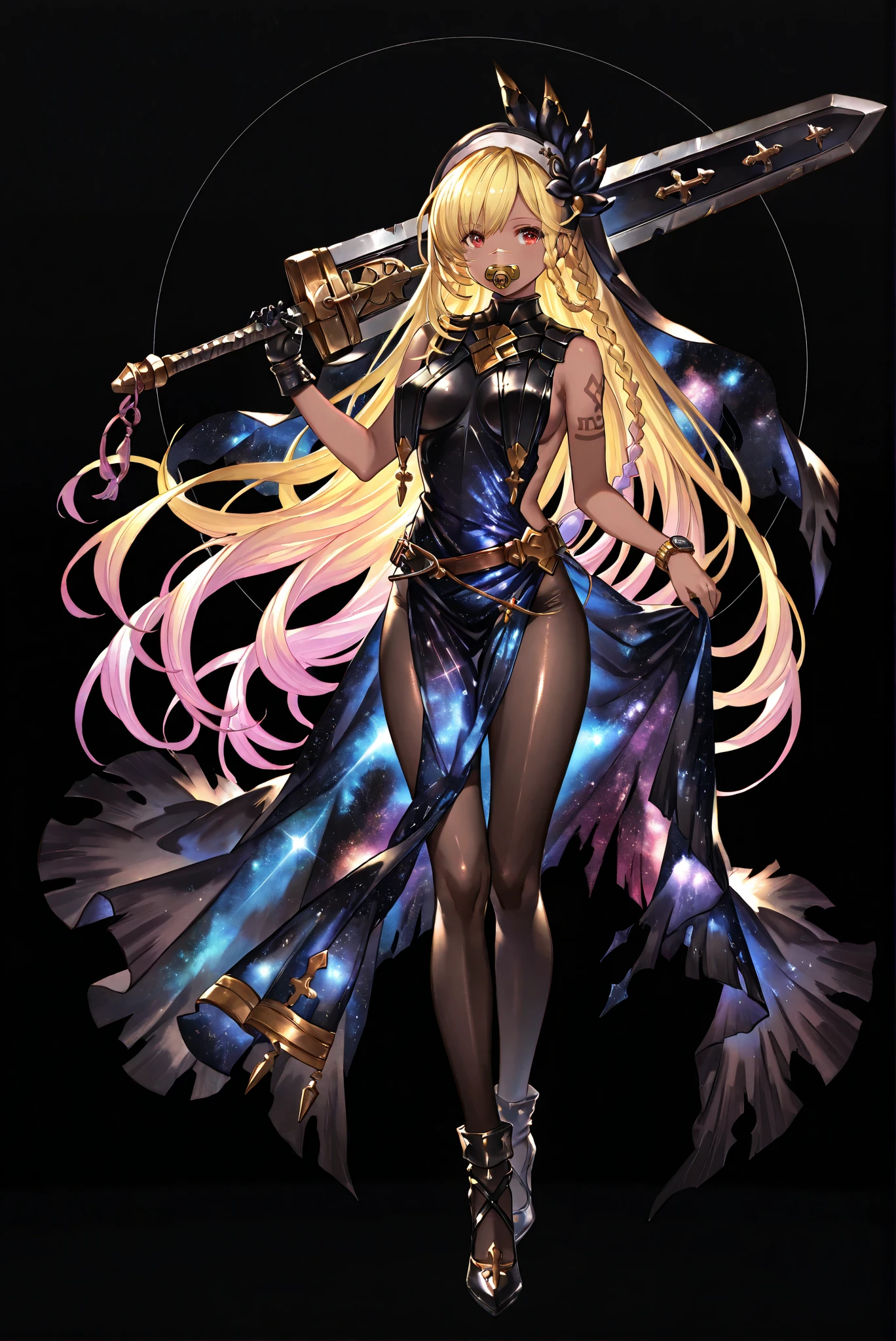 Scar on Nose, Black Armor, whole body盔甲, Broken Cloak , Closed monocular , 龍殺手之sword-II.v1.0, Holding - Dragon Slayer, Giant Weapon, sword, holding sword, holding a weapon ,, weapon, 大sword,sword,圣sword,神sword,魔sword,sword散发着紫光 holding weapon, ruanyi0847,bodysuit,breast curtains,dress,nun,pantyhose,pelvic curtain ,( stands,whole body, high heels, front view,Standing picture:1.7),HoleHeels,oval/Circle/Thorn/Horn Heels,, Limited Color Palette , Black Background ,Colorful, vivid colors ,Flashing silhouette ,neon,black light ,watch, Masterpiece, very beautiful ,, shiny skin, galaxy dress, backless dress, golden ornaments, arm tattoo, , Granblue_ fantasy, Helel_Ben_Shalem, dark skin, Blonde, long hair, braid, red eyes, pacifier,weapon over shoulder, holding weapon