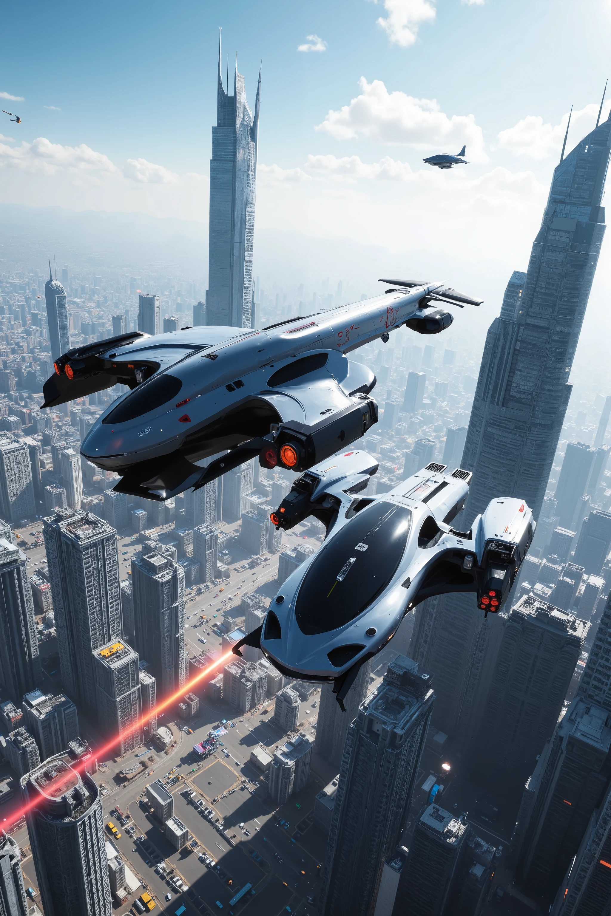 (best quality,4k,8k,highres,masterpiece:1.2), ultra-detailed. Two hovering vehicles can be seen in the broad daylight chasing each other in mid-air all over and around skyscrapers. One scrapes against the other and bumps him into a building. Ultra realistic, realism, cinematic photography, cinematic lighting, cinematic portrait, portrait photography, cinematography, full focus, UHDR, visually disorienting, portrait photography, surrealism, etheral, cyberpunk cityscape, futurism, highest quality, masterpiece.