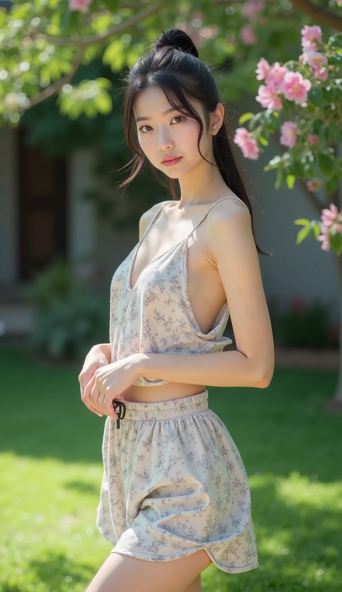 ((Masterpiece)), ((best quality)), (Professional Photography:1.2), tropical country, asian, girl, smile, (cheep front-knotted shirt:1.3), (open-necked shirt), (Glossy skin), no bra, (highest_detailed:1.3), (short Braided side head), Brake, blooming Hibiscus, (botanical pattern),