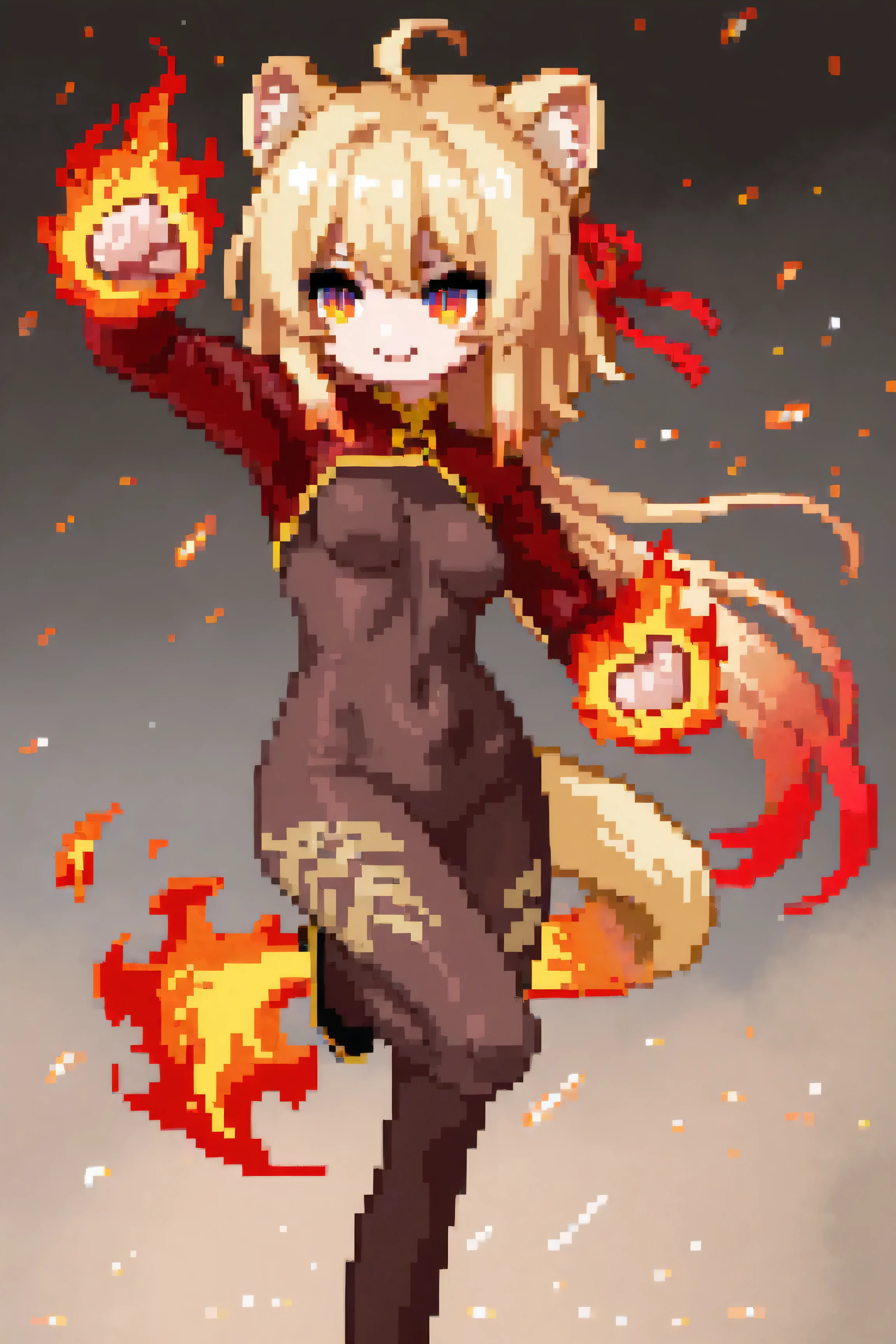 1girl, ahoge, animal ear fluff, animal ears, blonde hair, bodystocking, bodysuit, breasts, brown bodysuit, chinese clothes, covered navel, dynamic pose, embers, fighting stance, fire, flame-tipped tail, gold trim, gradient eyes, gradient hair, hair ribbon, impossible bodysuit, impossible clothes, kung fu, long hair, long sleeves, multicolored eyes, multicolored hair, pyrokinesis, red eyes, red hair, red ribbon, red shrug, ribbon, shrug (clothing), slit pupils, small breasts, smile, weasel ears, weasel girl, weasel tail, yellow eyes,