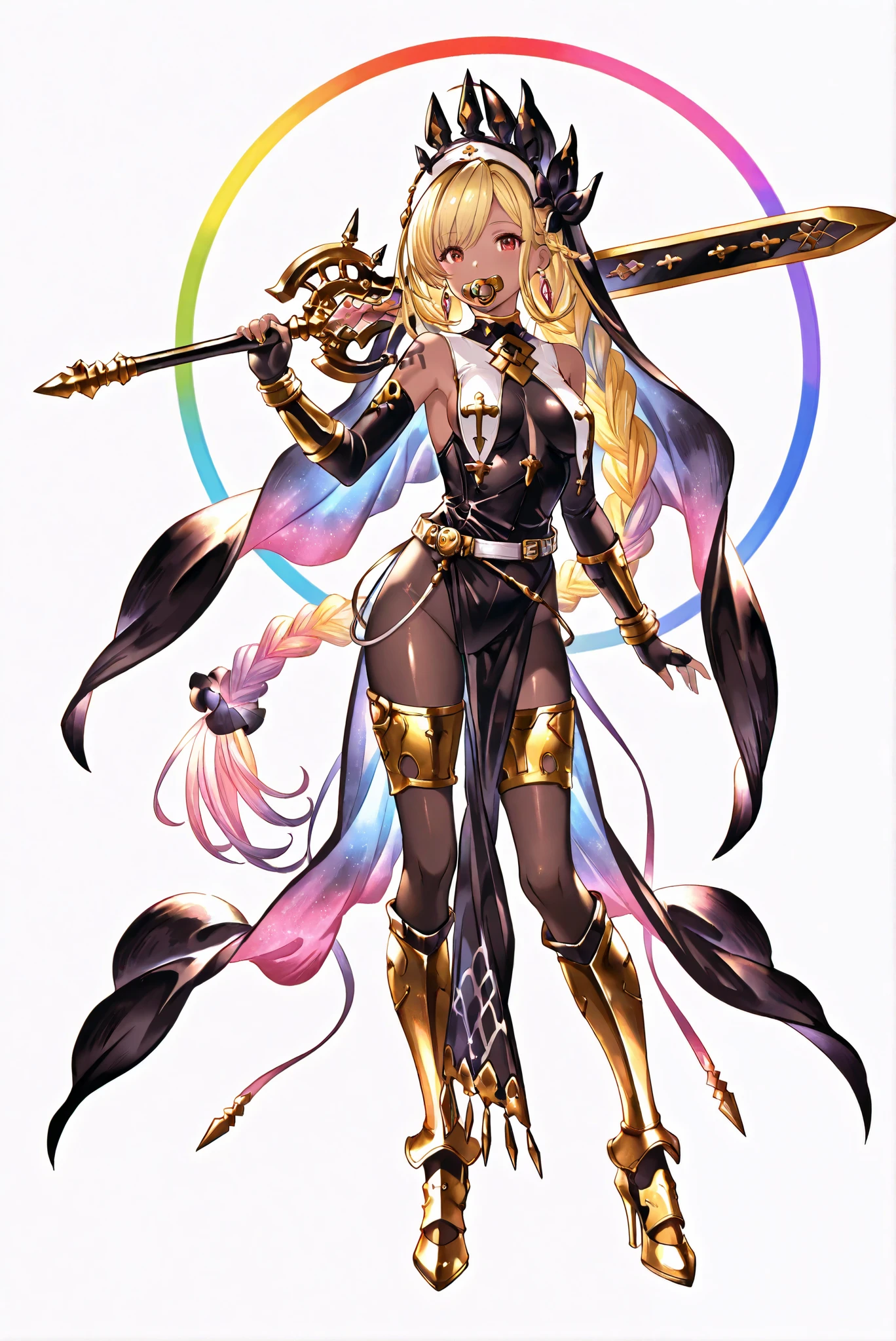 of_HARP, cosplay,clothing cutout, belt, bracers, leg armor, gold footwear, highleg leotard, armor, bare shoulders, fingerless gloves, bracers,jewelry, earrings,
, Giant Weapon, sword, holding sword,  holding a weapon ,, weapon, 大sword,sword,圣sword，神sword，魔sword，sword散发着紫光 holding weapon, ruanyi0847,bodysuit,breast curtains,dress,nun,pantyhose,pelvic curtain ,（ white background， stands，whole body， high heels， front view，Standing picture:1.7)，HoleHeels，oval/Circle/Thorn/Horn Heels，, Limited Color Palette ,Colorful, vivid colors ,Flashing silhouette ,neon,black light ,watch,  Masterpiece,  very beautiful ,, shiny skin,golden ornaments, arm tattoo, , Granblue_ fantasy, Helel_Ben_Shalem, dark skin, Blonde, long hair, braid, red eyes, pacifier,weapon over shoulder, holding weapon