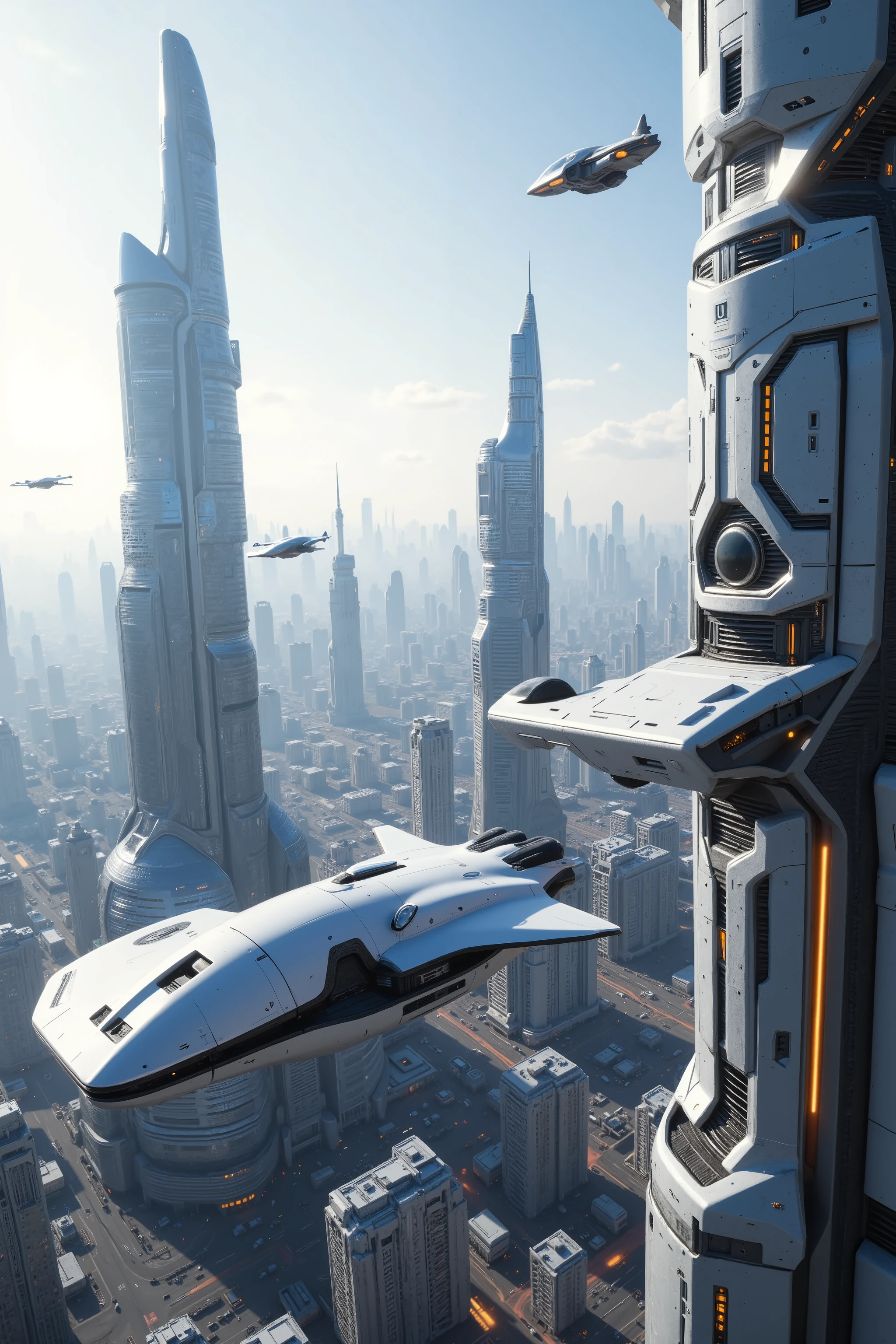 (best quality,4k,8k,highres,masterpiece:1.2), ultra-detailed. Two hovering vehicles can be seen in the broad daylight chasing each other in mid-air all over and around skyscrapers. One scrapes against the other and bumps him into a building. Ultra realistic, realism, cinematic photography, cinematic lighting, cinematic portrait, portrait photography, cinematography, full focus, UHDR, visually disorienting, portrait photography, surrealism, etheral, cyberpunk cityscape, futurism, highest quality, masterpiece.