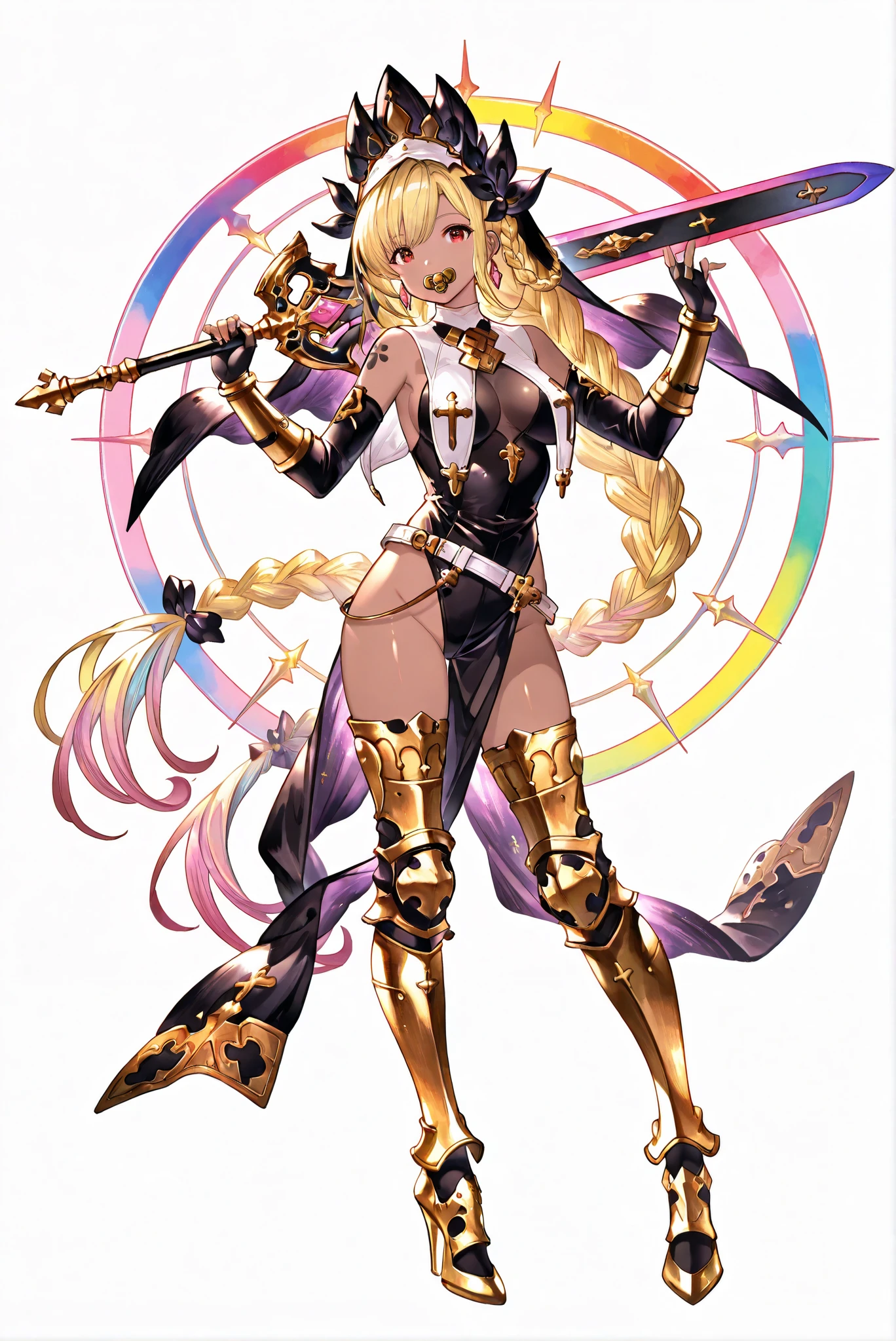 of_HARP, cosplay,clothing cutout, belt, bracers, leg armor, gold footwear, highleg leotard, armor, bare shoulders, fingerless gloves, bracers,jewelry, earrings, , Giant Weapon, sword, holding sword, holding a weapon ,, weapon, 大sword,sword,圣sword,神sword,魔sword,sword散发着紫光,holding weapon, ruanyi0847,breast curtains,nun,pelvic curtain ,( white background, stands,whole body, high heels, front view,Standing picture:1.7),HoleHeels,oval/Circle/Thorn/Horn Heels,, Limited Color Palette ,Colorful, vivid colors ,Flashing silhouette ,neon,black light ,watch, Masterpiece, very beautiful ,, shiny skin,golden ornaments, arm tattoo, , Granblue_ fantasy, Helel_Ben_Shalem, dark skin, Blonde, long hair, braid, red eyes, pacifier,weapon over shoulder, holding weapon