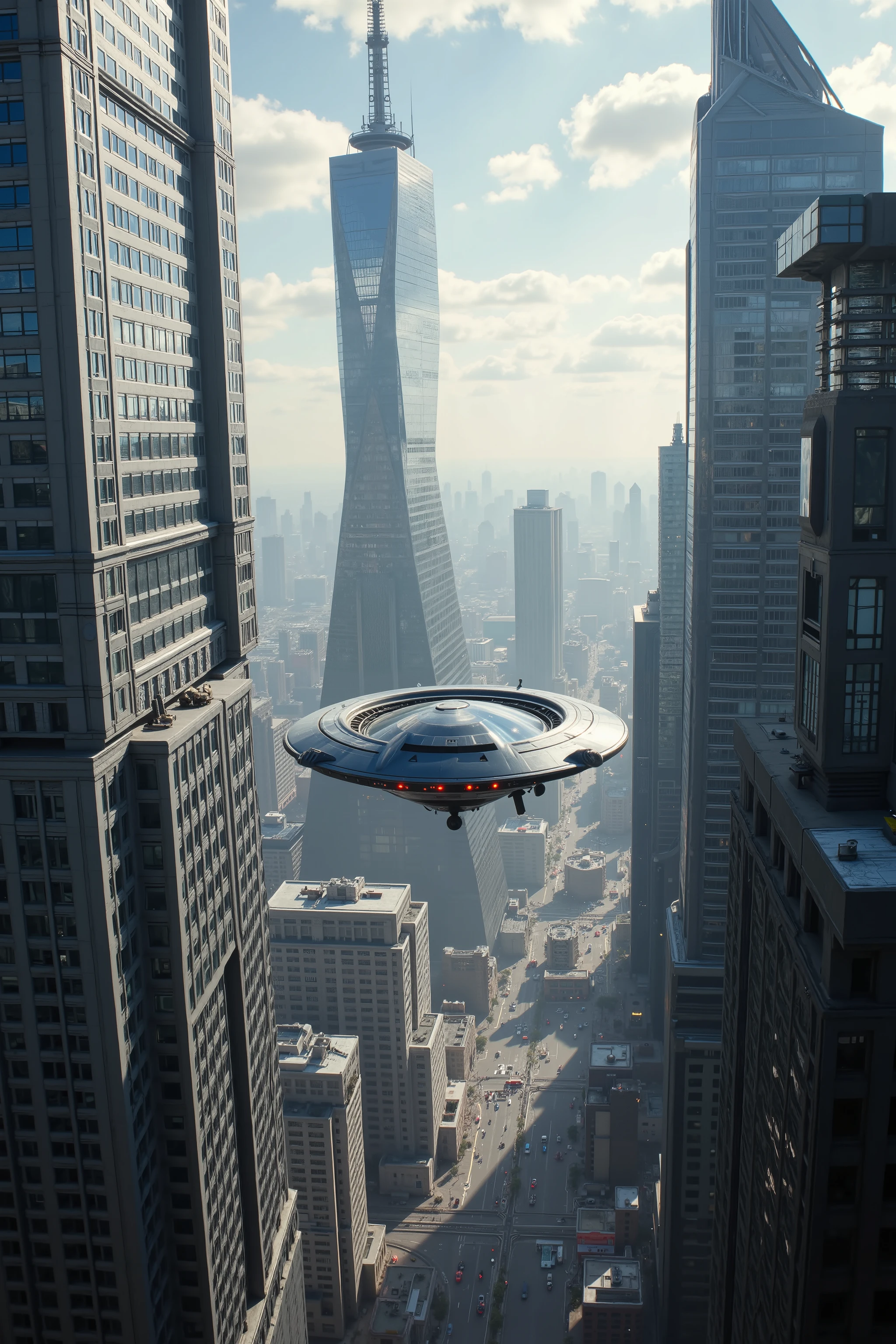 (best quality,4k,8k,highres,masterpiece:1.2), ultra-detailed. Two hovering vehicles can be seen in the broad daylight chasing each other in mid-air all over and around skyscrapers. One scrapes against the other and bumps him into a building. Ultra realistic, realism, cinematic photography, cinematic lighting, cinematic portrait, portrait photography, cinematography, full focus, UHDR, visually disorienting, portrait photography, surrealism, etheral, cyberpunk cityscape, futurism, highest quality, masterpiece.