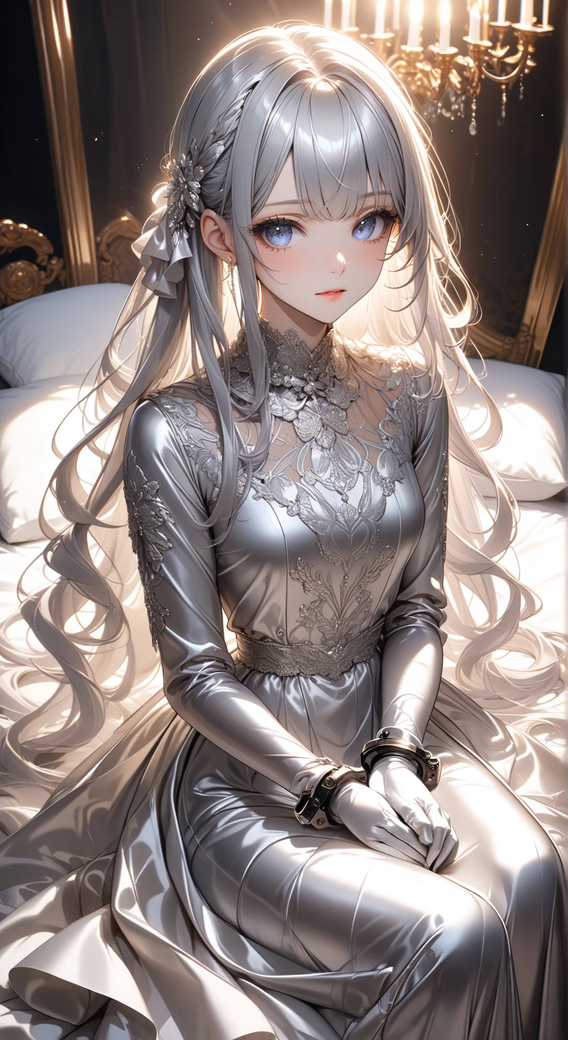 portrait、god々Shining light、( masterpiece, top quality, Ultra High Resolution ),Extremely detailed CG, Japanese woman with pale silver hair,(( beautiful face)),(( long sleeve long dress made of pale silver satin))、((The dress has a simple design without embellishments)),Ruffled Skirt、(Well-fitting pale silver satin bodysuit )、pale silver satin gloves ,(( Sitting on a Luxurious Bed )),(Beautiful legs wrapped in pale silver satin tights), handcuffs