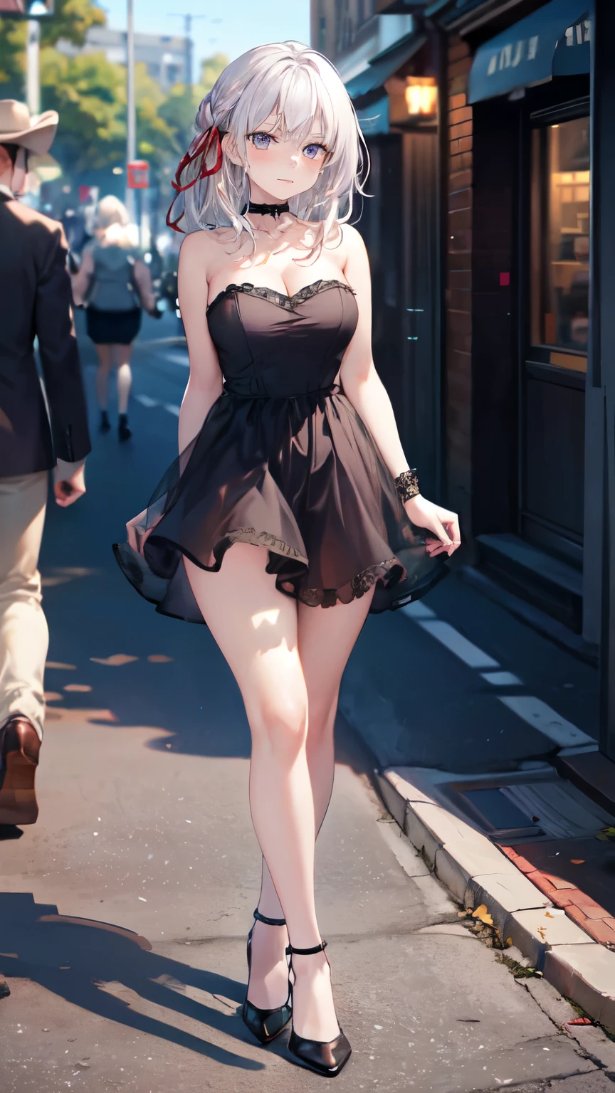 Beautiful 13 year old Indian teen, long hair,  dress, detailed nipples, small cleavage, pantyhose, high heels, Japanese rural street, cherry blossoms, sunrise
