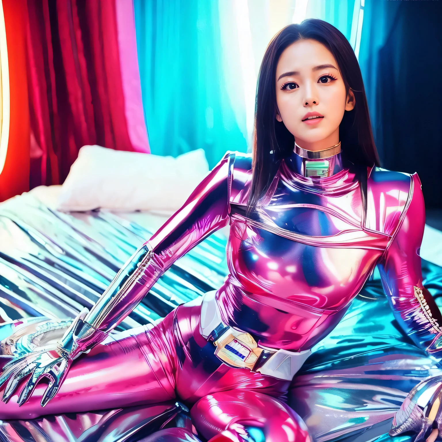 Masterpiece, Best Quality, ((cute girl in a shiny puffer,  light blue, pink, short sleeves, small perky breasts, expose nipple, extremely detailed face, detailed eyes, detailed lips, random short hairstyle, small hips, in a spaceship, on a bed, full body view))