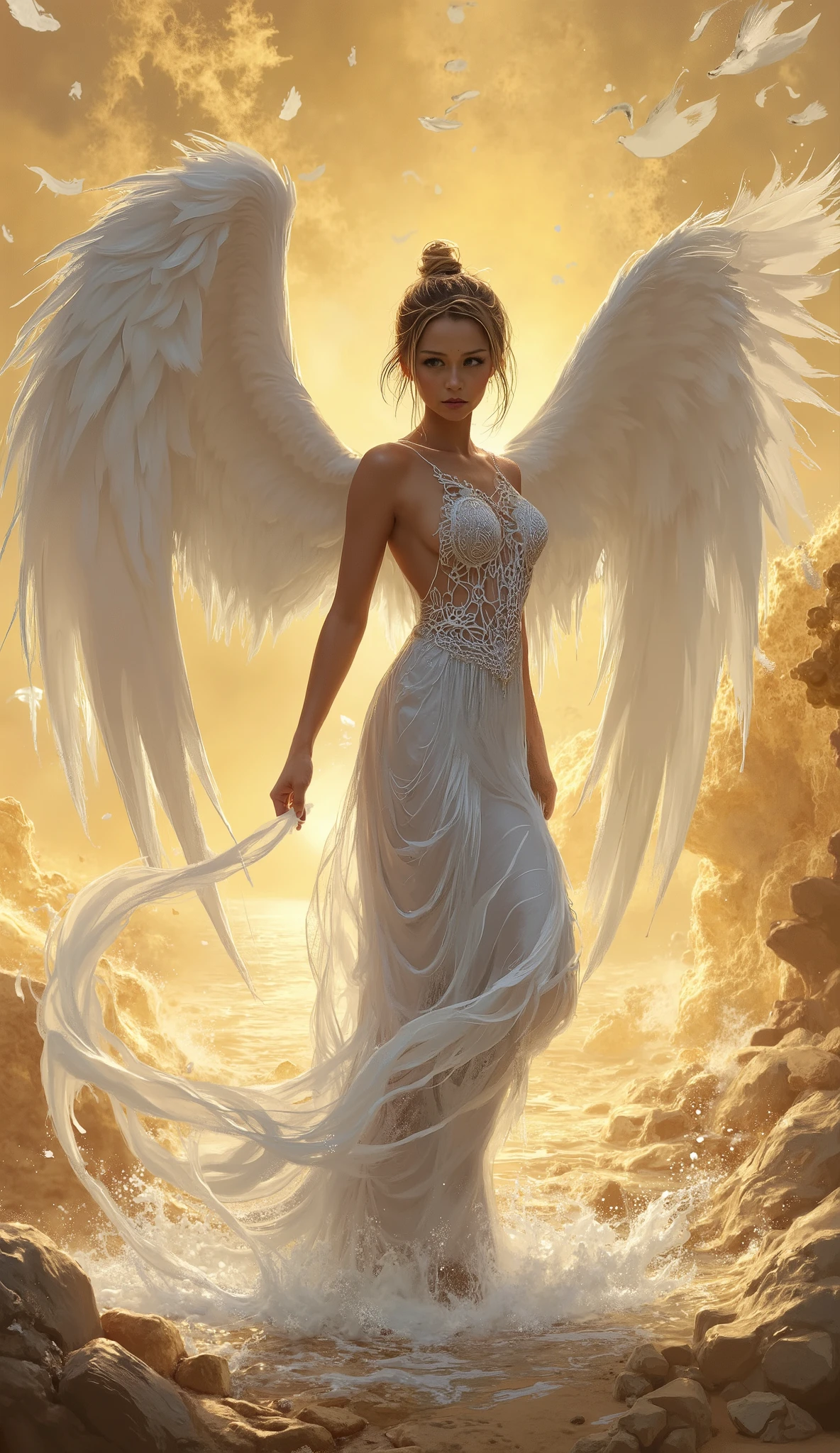 I wanted a high resolution digital painting of a very pretty girl goddess in a long white island dress with her hair tied up and with huge white wings spread out at the back, looking formidable., , whose torso is immersed in liquid, . A turbulent golden color, and with flowing fluid scattered around, , highlights the scene of the battle between the characters. Many honors , excellent work , Night Light ,