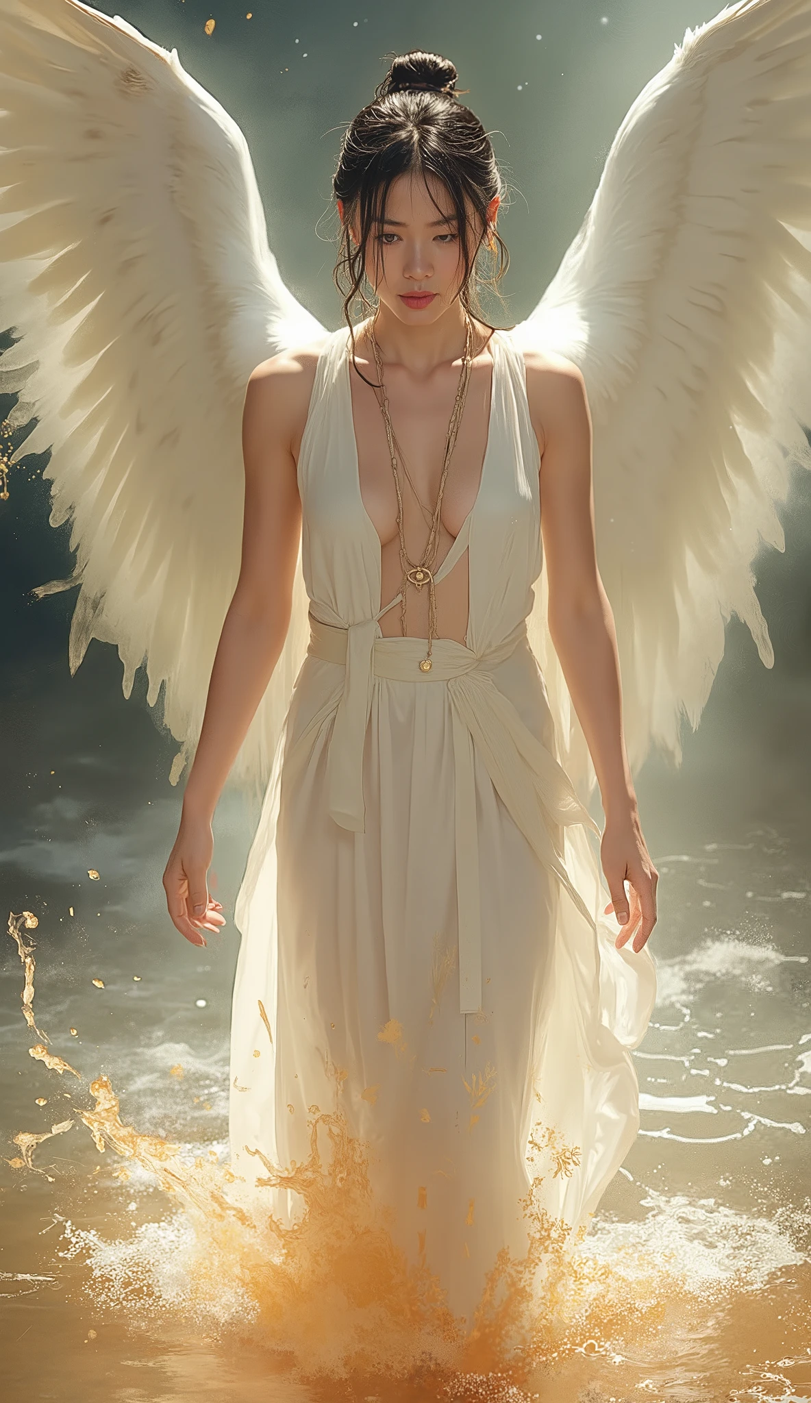 I wanted a high resolution digital painting of a very pretty girl goddess in a long white island dress with her hair tied up and with huge white wings spread out at the back, looking formidable., , whose torso is immersed in liquid, . A turbulent golden color, and with flowing fluid scattered around, , highlights the scene of the battle between the characters. Many honors , excellent work , Night Light ,