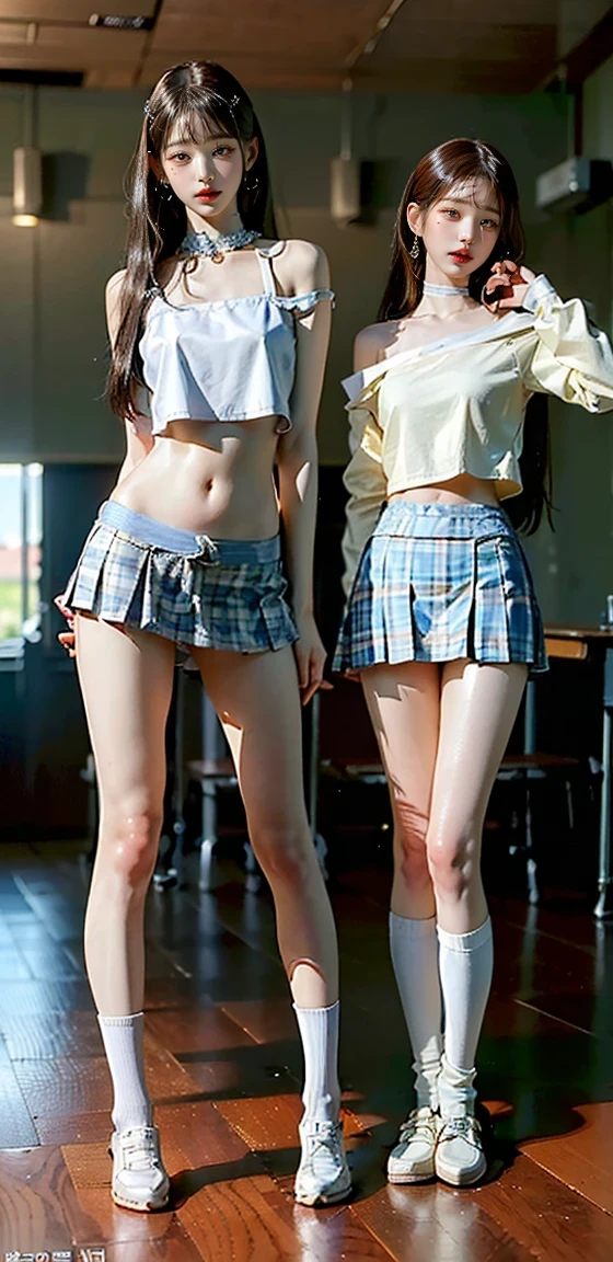((masterpiece, highest quality, High resolution, 超High resolution, Perfect Pixel, Depth of written boundary, 4K, RTTX 10.0, High resolution))), (Three adult women:1.3), Beautiful Anime Woman, (baby face, idle face), Beautiful art style, Anime characters, ((Long Hair, bangs, Dark brown hair, ponytail)), ((Beautiful eyelashes)), ((Detailed face, blush:1.2)), ((Smooth texture, Realistic texture, Anime CG Style)), Perfect body, Slender body, Exact finger count、Exact number of legs、Exact number of arms, (blush:1), (Three women are standing with their skirts turned up, Looking Back, The women on either side are standing next to the woman in the center:1.2), ((White stylish shirt, Checkered Skirt:1.2)), Knee-high socks, (Lift up your skirt yourself:1), Realistic, Slender body, highest quality, High resolution, Very detailed face, Perfect lighting, Extremely detailed CG, (Perfect hands, Perfect Anatomy), Embarrassed expression, (Station platform:1.3), whole body, ((Stylish white satin panties:1.2)), (Exquisitely designed luxury underwear for adults, High resolution image of panties), Angle from the rear, Looking Back, ((Tight waist:1.2)), Small beautiful butt、Thin thighs, Beautiful breasts