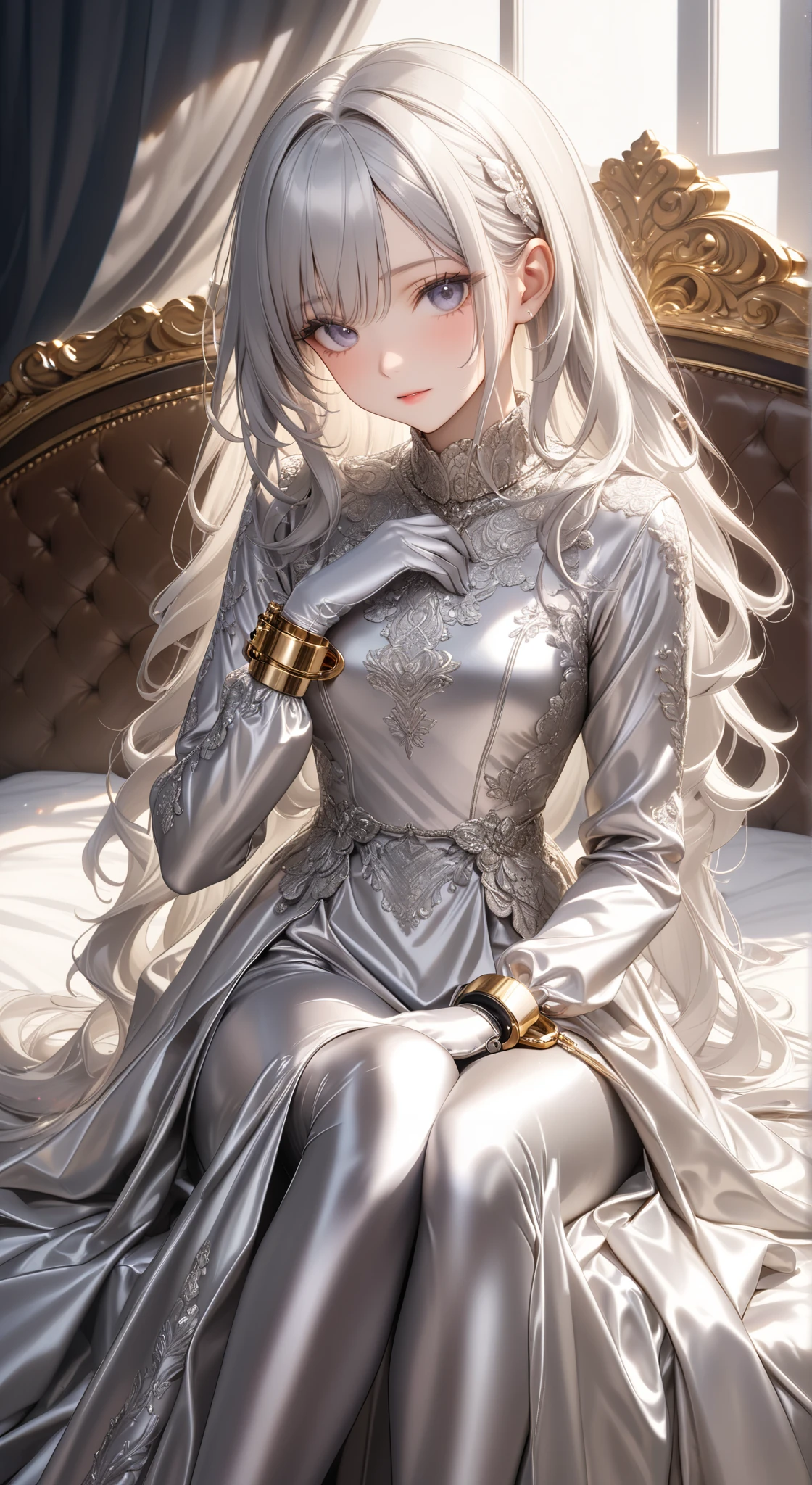 portrait、god々Shining light、( masterpiece, top quality, Ultra High Resolution ),Extremely detailed CG, Japanese woman with pale silver hair,(( beautiful face)),(( long sleeve long dress made of pale silver satin))、((The dress has a simple design without embellishments)),Ruffled Skirt、(Well-fitting pale silver satin bodysuit )、pale silver satin gloves ,(( Sitting on a Luxurious Bed )),(Beautiful legs wrapped in pale silver satin tights), handcuffs
