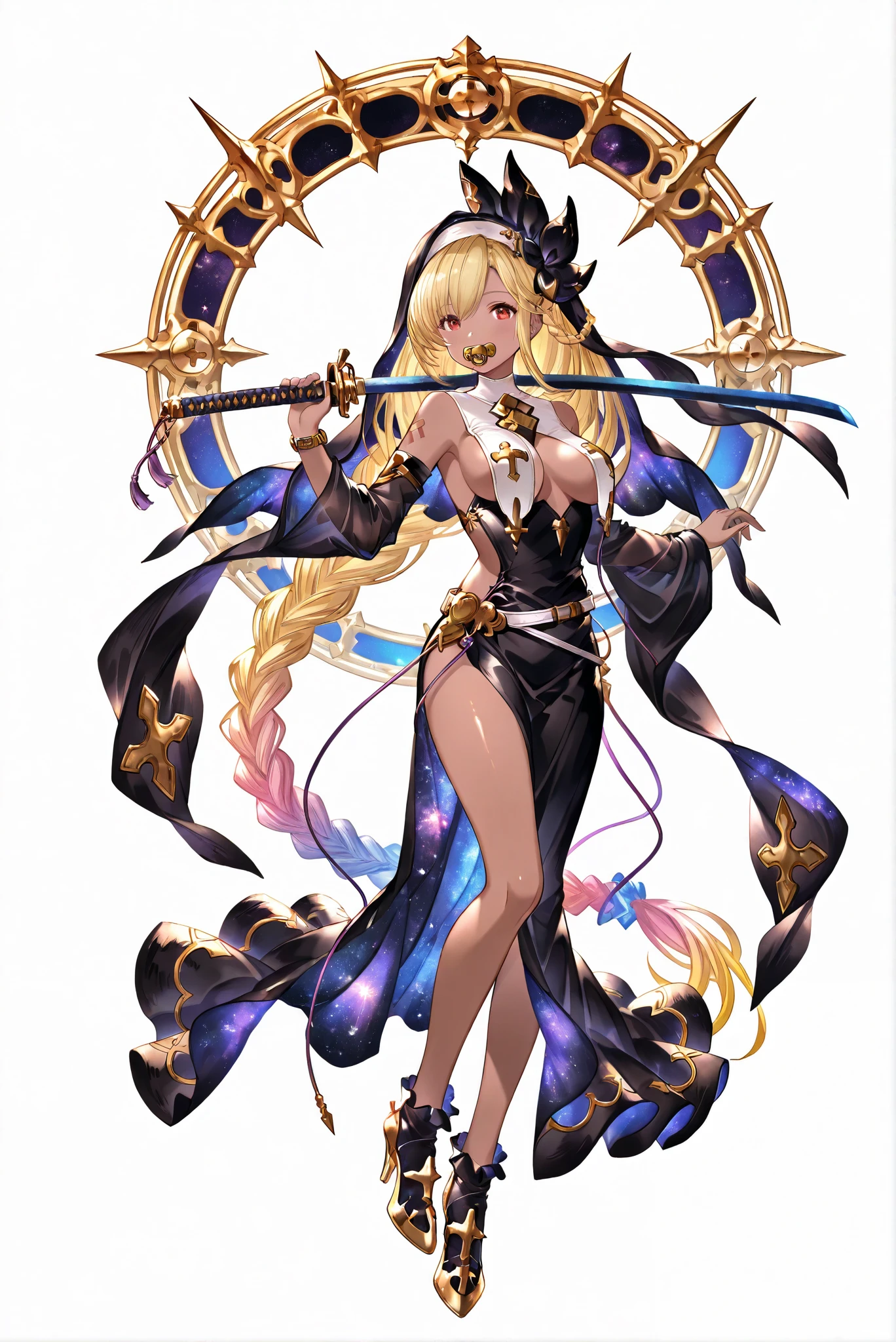 of_HARP, cosplay,clothing cutout,Galaxy footwear, 百褶裙, armor, bare shoulders,Japanese sword, holding Japanese sword, holding a weapon ,, weapon,holding weapon, ruanyi0847,breast curtains,nun ,( white background, stands,whole body, high heels, front view,Standing picture:1.7),HoleHeels,oval/Circle/Thorn/Horn Heels,,limited color palette,Colorful, vivid colors ,black light ,watch, Masterpiece, very beautiful ,, shiny skin,golden ornaments, arm tattoo, , Granblue_ fantasy, Helel_Ben_Shalem, dark skin, Blonde, long hair, braid, red eyes, pacifier,weapon over shoulder, holding weapon