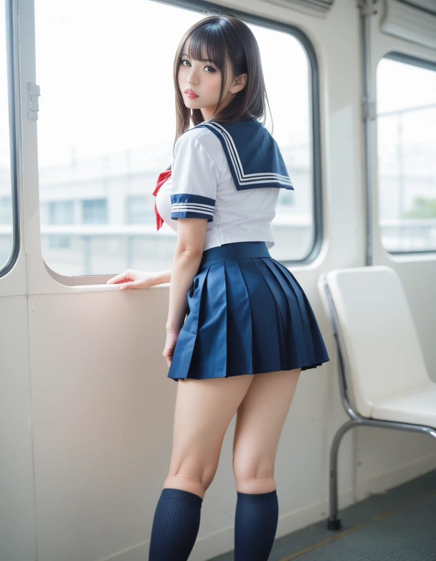 (((sex from behind))),((beautiful eyes with fine detail)), realistic skin, (intricate details), best lighting, depth field, ((ultra high resolution, high res)), {highres}, {{very fine 8KCG wallpapers}}, {{very precise detailed}}, ((((masterpiece)))), nsfw, ((Vaginal sex)), 1girl,ager, tifa, Blushing, smile, ((japanese uniform)),((nippls)), (big breast:1.8), ((navy blue pleated miniskirt)), (tie), black knee-high socks, in the train, 1boy, erect penis