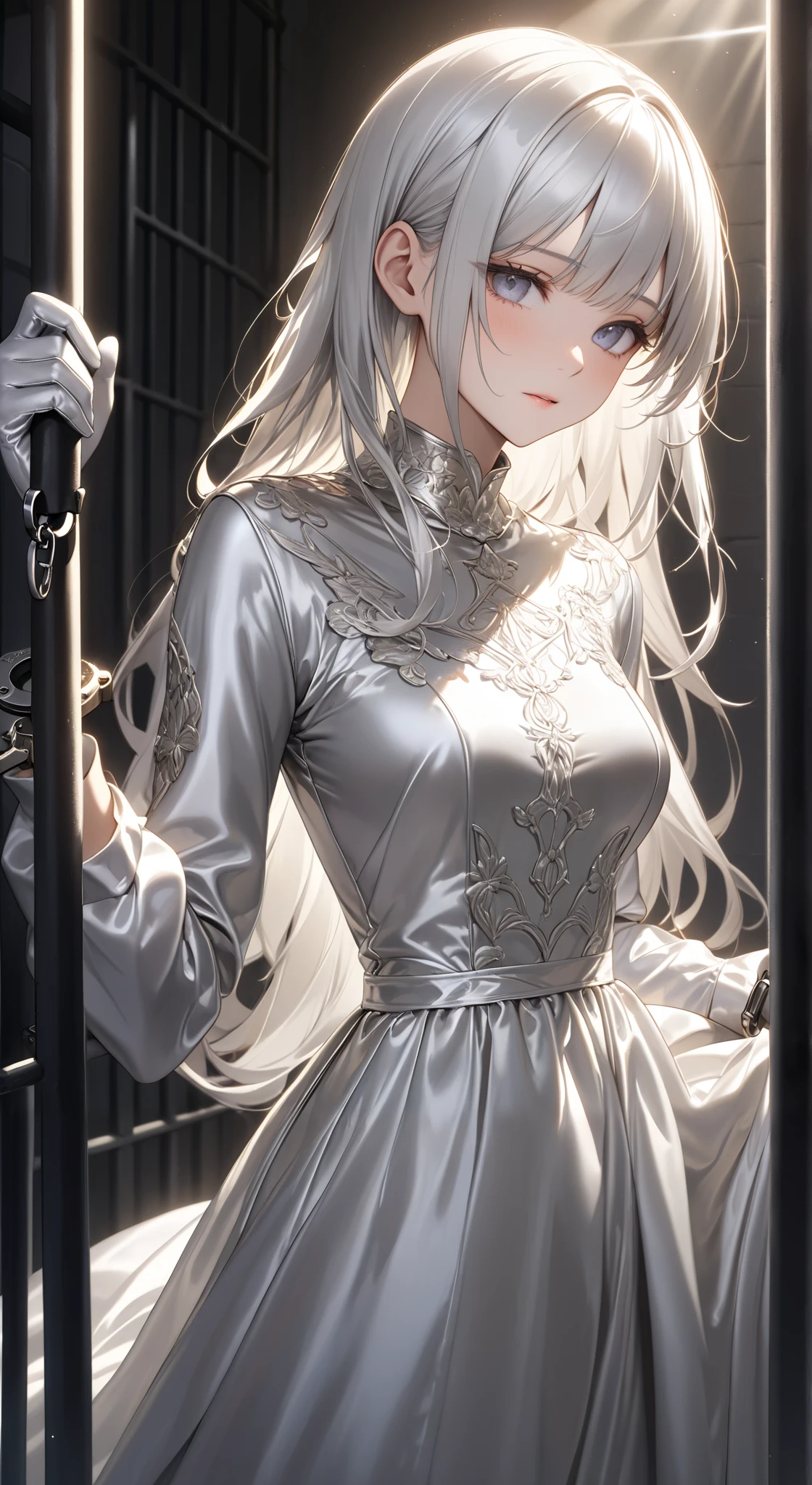  portrait、god々Shining light、( masterpiece, top quality,  Ultra High Resolution ),Extremely detailed CG, Japanese woman with pale silver hair,(( beautiful face)),(( long sleeve long dress made of pale silver satin))、((The dress has a simple design without embellishments)),Ruffled Skirt、(Well-fitting pale silver satin bodysuit )、pale silver satin gloves, handcuffs in prison cell