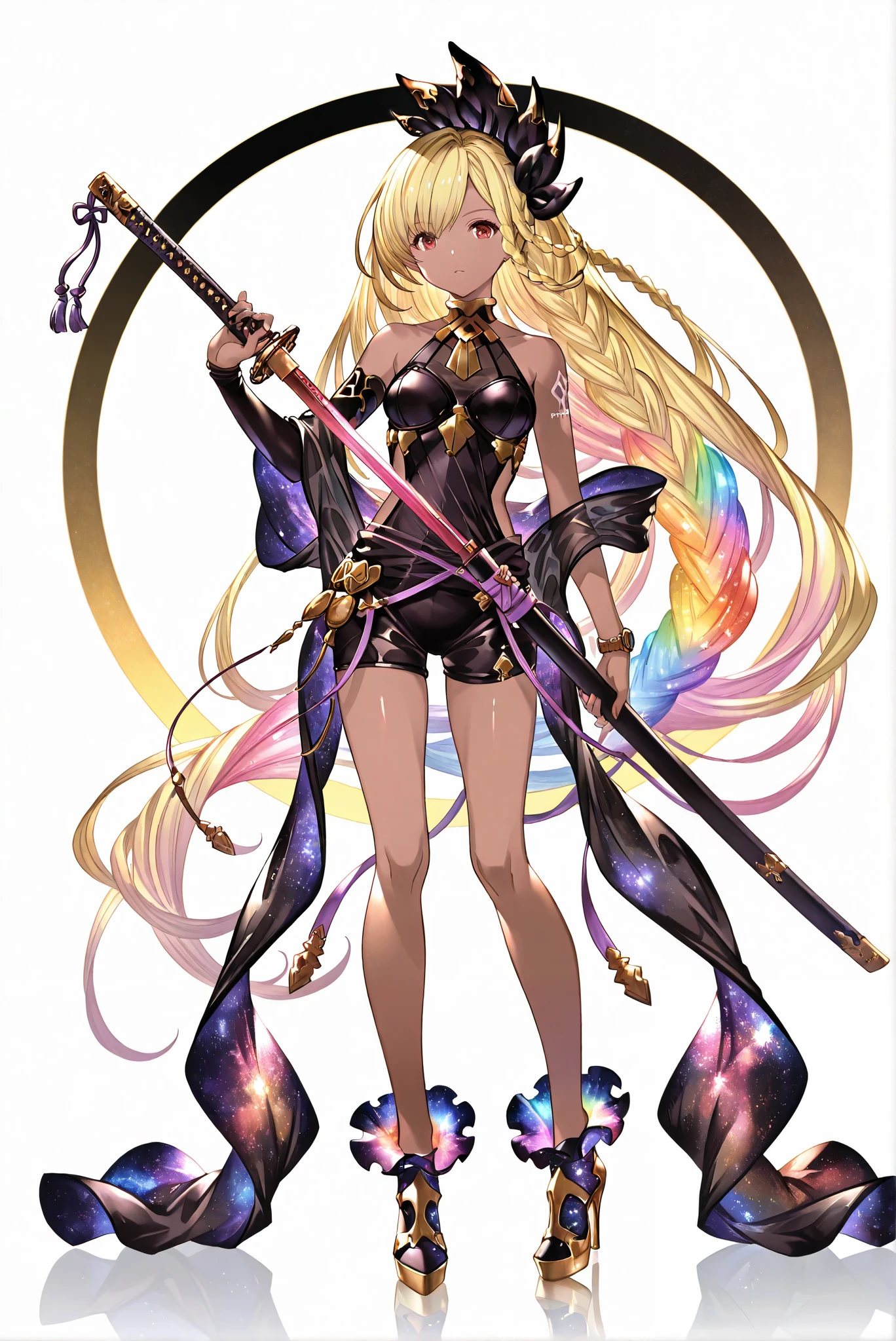 of_HARP, cosplay,clothing cutout,Galaxy footwear, 百褶裙, armor, bare shoulders,Japanese sword, holding Japanese sword, holding a weapon ,( white background, stands,whole body, high heels, front view,Standing picture:1.7),HoleHeels,oval/Circle/Thorn/Horn Heels,,limited color palette,Colorful, vivid colors ,black light ,watch, Masterpiece, very beautiful ,, shiny skin,golden ornaments, arm tattoo, , Granblue_ fantasy, Helel_Ben_Shalem, dark skin, Blonde, long hair, braid, red eyes,