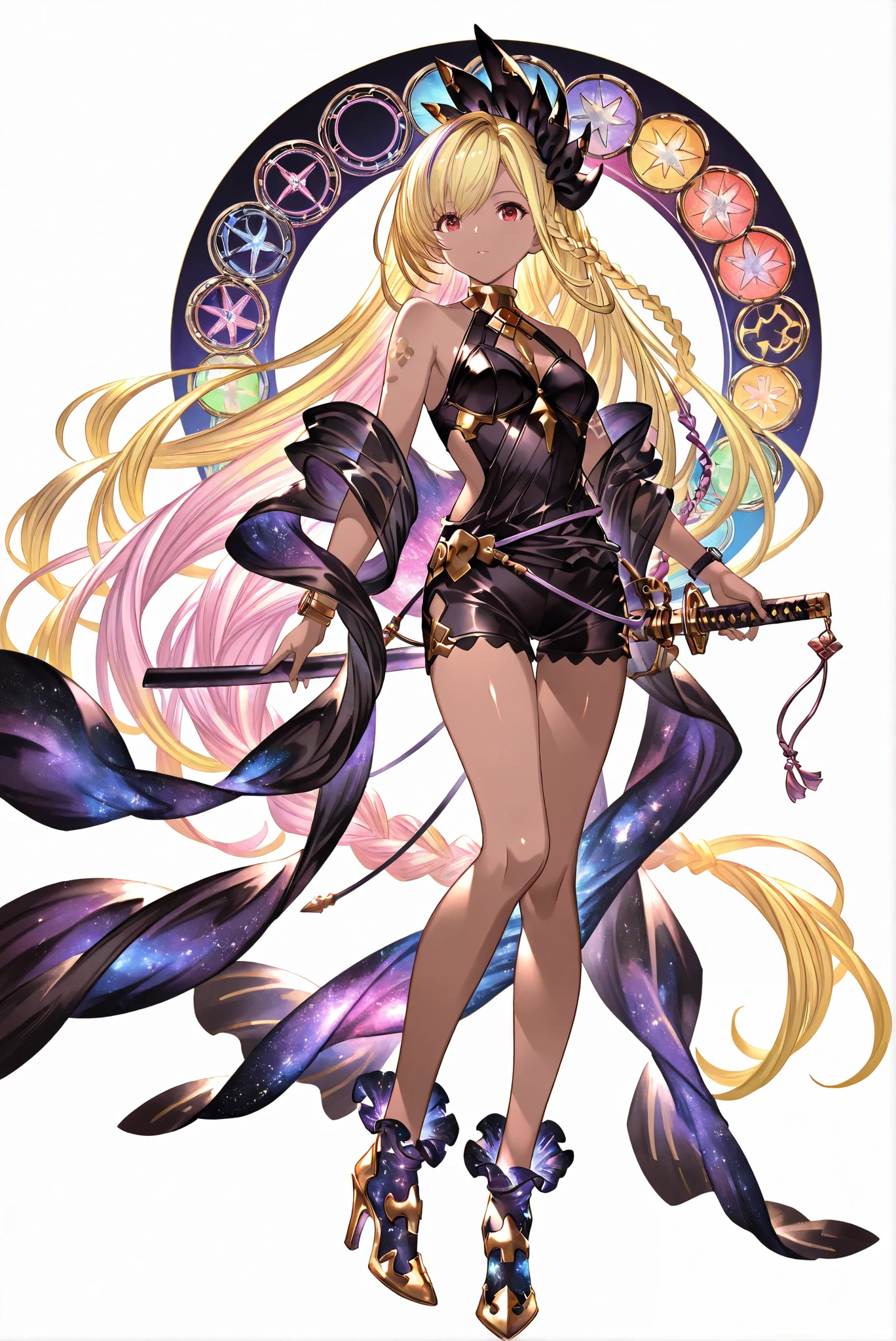 of_HARP, cosplay,clothing cutout,Galaxy footwear, 百褶裙, armor, bare shoulders,Japanese sword, holding Japanese sword, holding a weapon ,( white background, stands,whole body, high heels, front view,Standing picture:1.7),HoleHeels,oval/Circle/Thorn/Horn Heels,, Limited Color Palette ,Colorful, vivid colors ,black light ,watch, Masterpiece, very beautiful ,, shiny skin,golden ornaments, arm tattoo, , Granblue_ fantasy, Helel_Ben_Shalem, dark skin, Blonde, long hair, braid, red eyes,