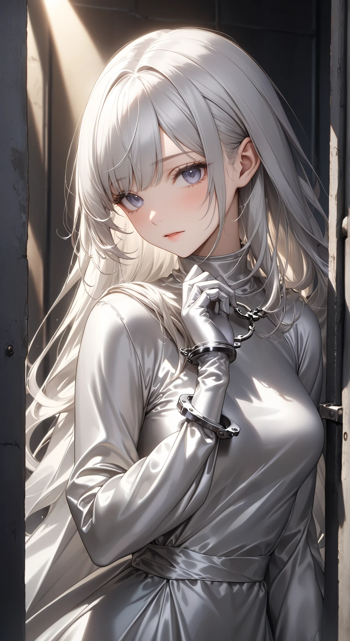 portrait、god々Shining light、( masterpiece, top quality, Ultra High Resolution ),Extremely detailed CG, Japanese woman with pale silver hair,(( beautiful face)),(( long sleeve long dress made of pale silver satin))、((The dress has a simple design without embellishments)),Ruffled Skirt、(Well-fitting pale silver satin bodysuit )、pale silver satin gloves, handcuffs in prison cell