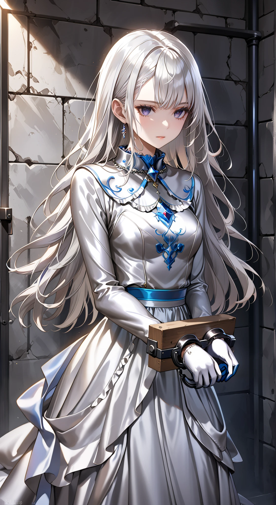 portrait、god々Shining light、( masterpiece, top quality, Ultra High Resolution ),Extremely detailed CG, Japanese woman with pale silver hair,(( beautiful face)),(( long sleeve long dress made of pale silver satin))、((The dress has a simple design without embellishments)),Ruffled Skirt、(Well-fitting pale silver satin bodysuit )、pale silver satin gloves, handcuffs in prison cell