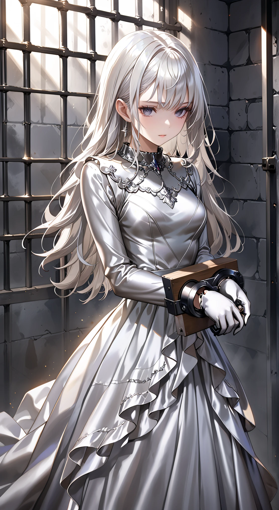 portrait、god々Shining light、( masterpiece, top quality, Ultra High Resolution ),Extremely detailed CG, Japanese woman with pale silver hair,(( beautiful face)),(( long sleeve long dress made of pale silver satin))、((The dress has a simple design without embellishments)),Ruffled Skirt、(Well-fitting pale silver satin bodysuit )、pale silver satin gloves, handcuffs in prison cell